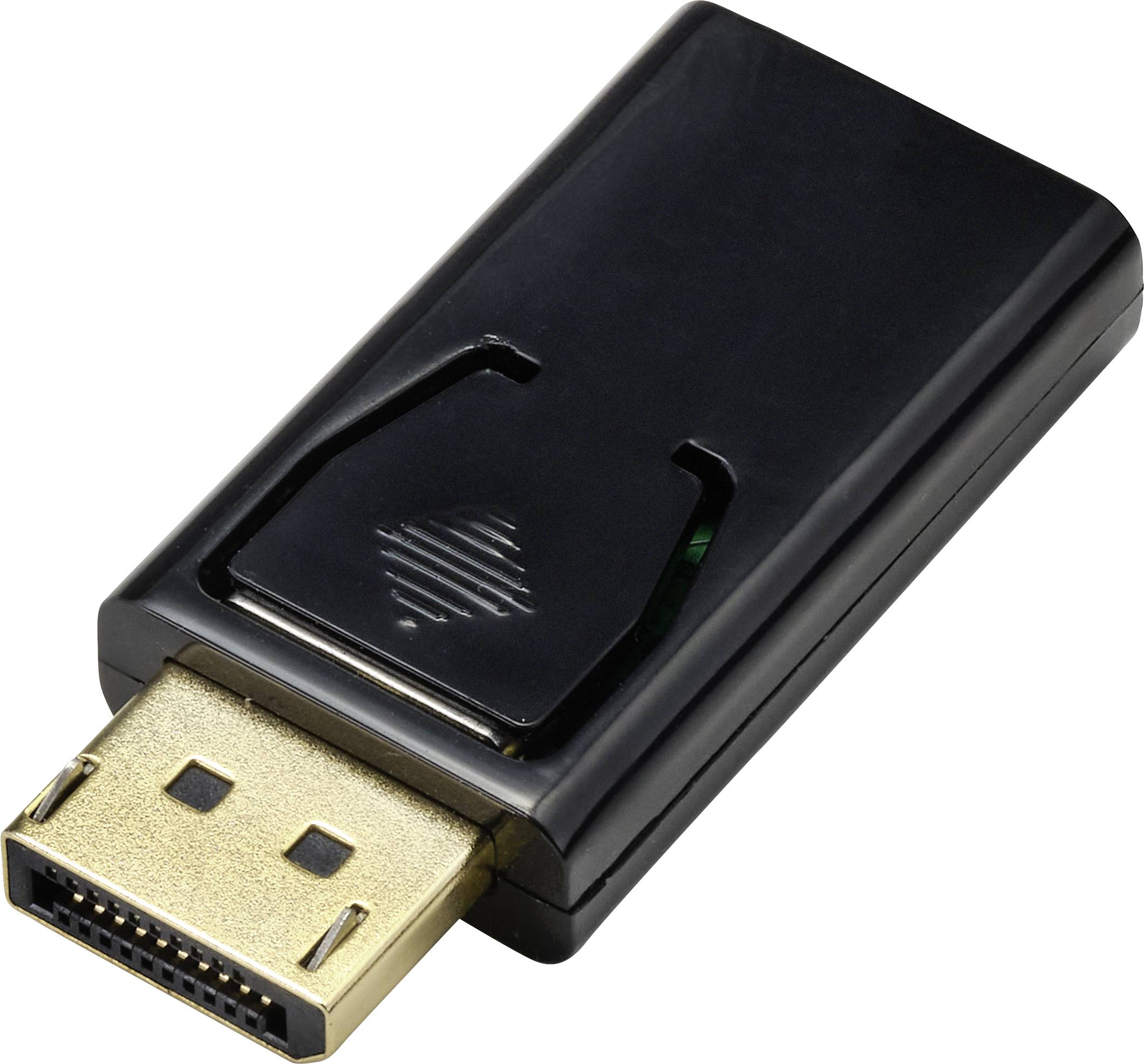 Črn DisplayPort adapter z zlatim priključkom. Adapter se uporablja za prenos digitalnih video signalov.