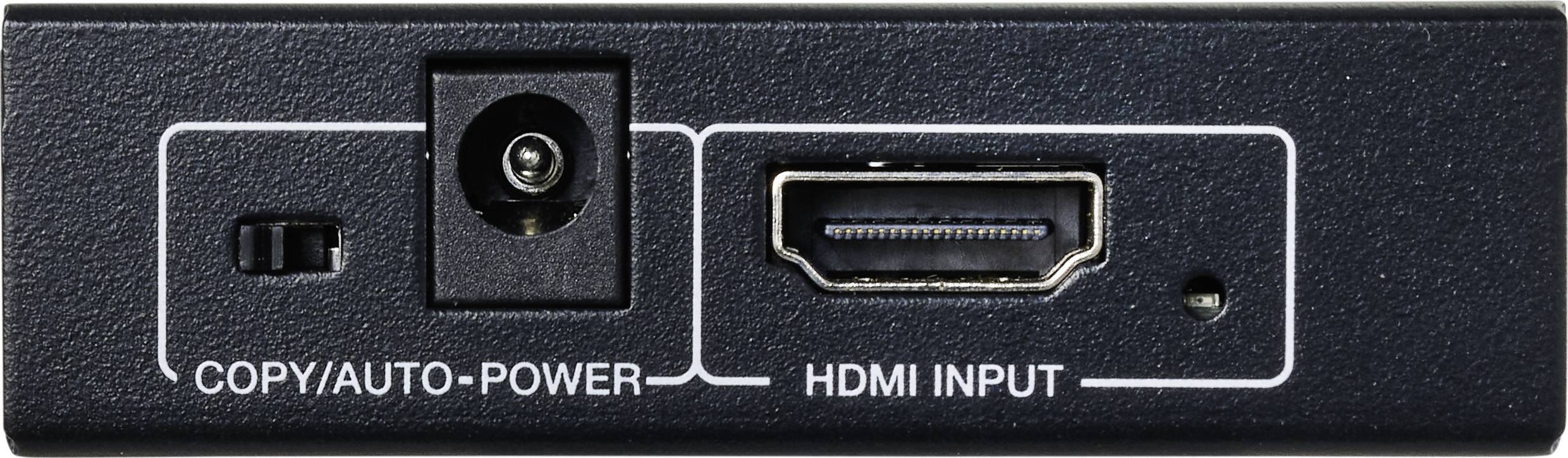Slika prikazuje priključke naprave: levo stikalo 'Copy/Auto-Power', na sredini električni priključek, desno HDMI-vhod.