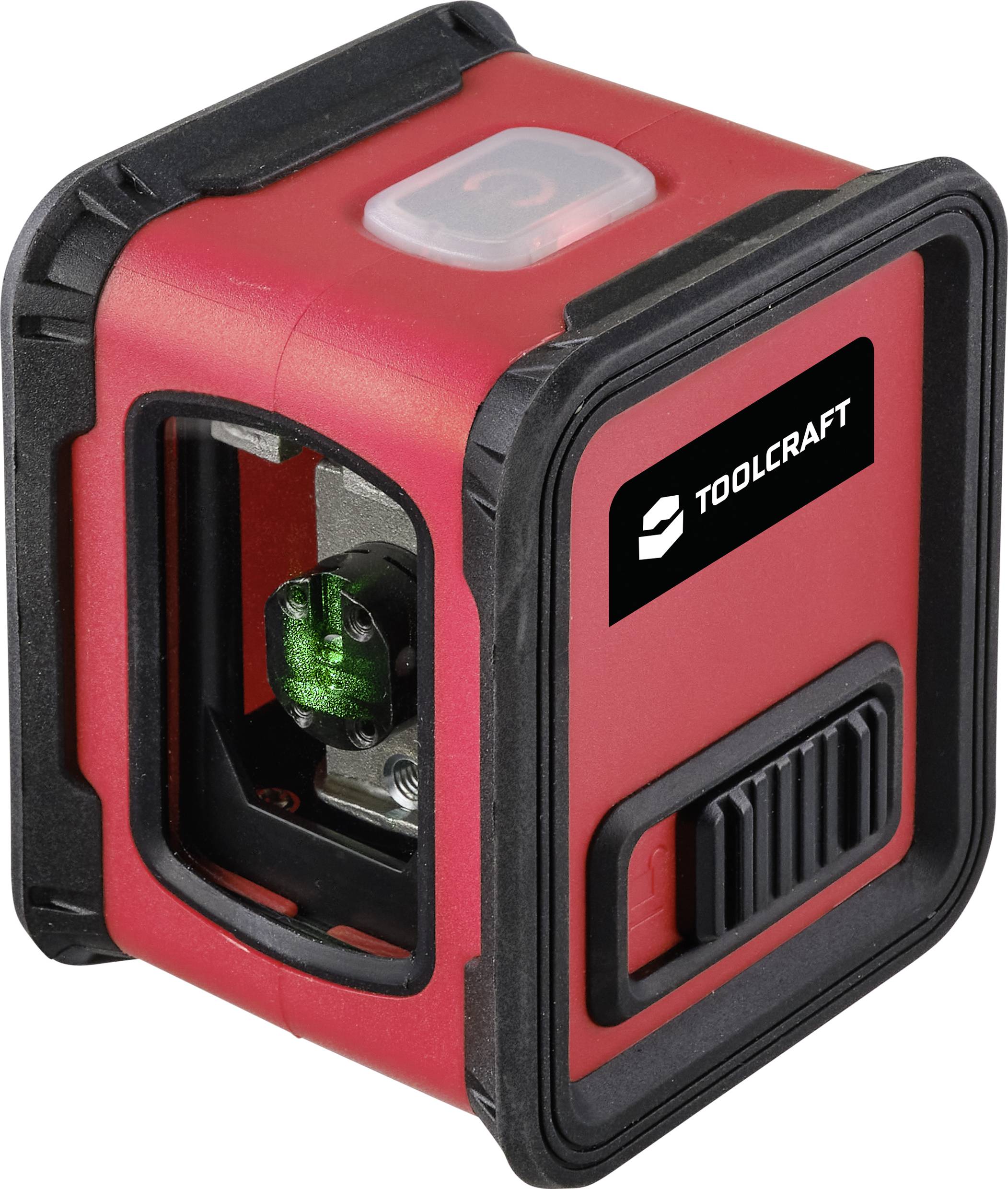 Rdeča laserska merilna naprava v črni ohišju znamke Toolcraft, ki prikazuje zeleni laser za natančne meritve.