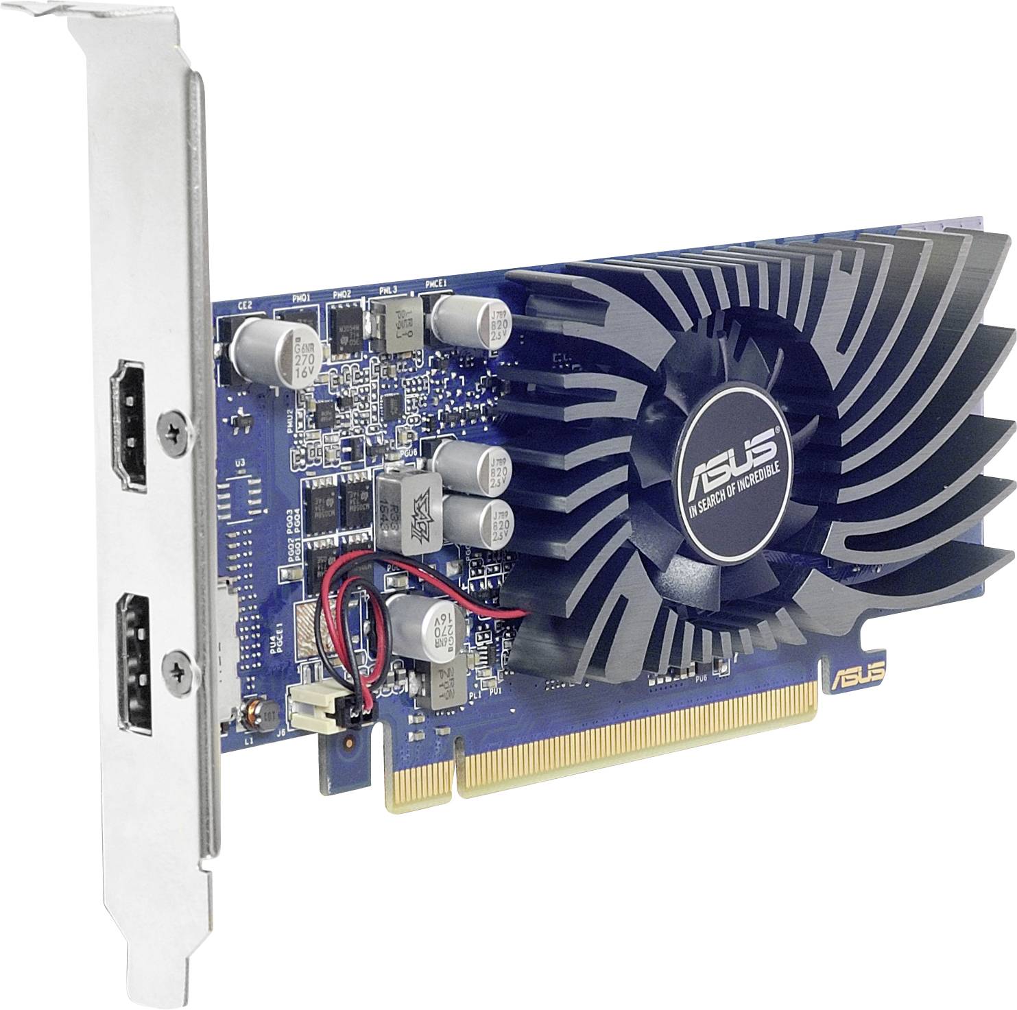 Grafična kartica z modrim elektronskim vezjem, ventilatorjem in dvema HDMI priključkoma ob strani.