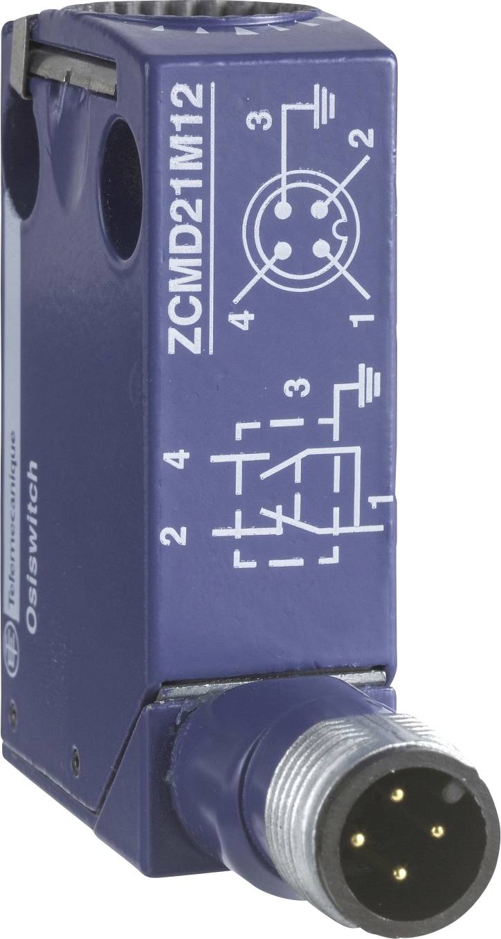 Moder električni stikalni element s črnim okroglim vtičem, označen kot 'ZCMD21M12', prikazuje notranje simbole električnega vezja in številke priključkov.