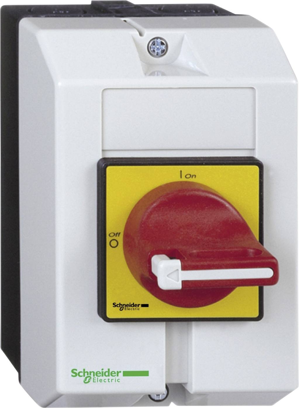 Rdeč stikalo na rumeni podlagi, obdano z belim ohišjem. Napis 'Schneider Electric' spodaj levo.