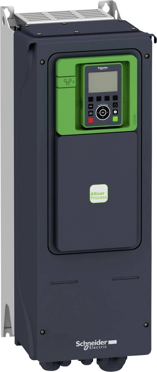 Industrijski frekvenčni pretvornik 'Schneider Electric', model 'Altivar Process', sive barve z zelenim zaslonom in tipkami.
