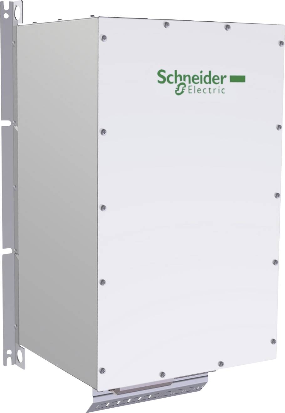 Bela omarica Schneider Electric, pritrjena na kovinsko konzolo. Primerna za industrijske aplikacije distribucije električne energije.