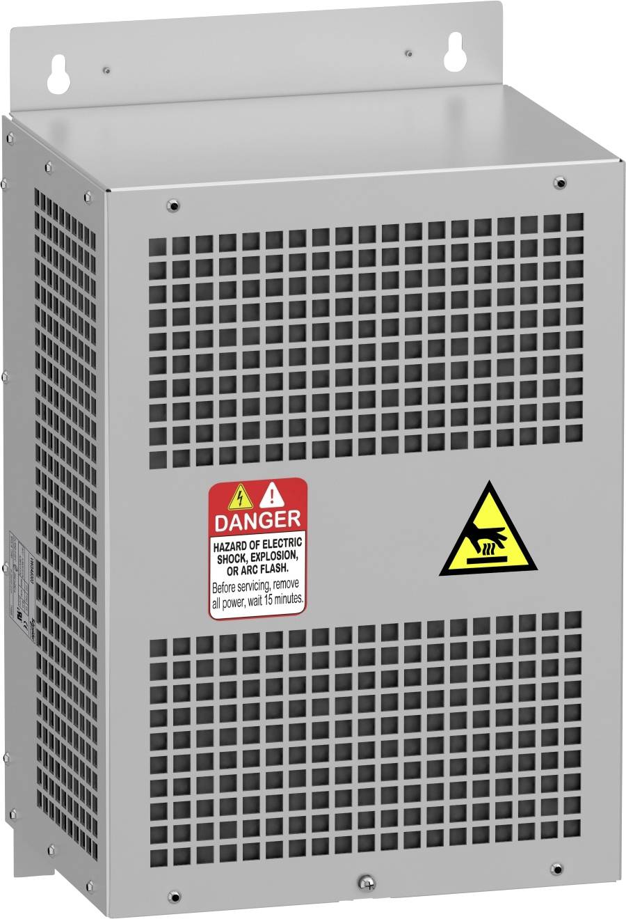 Kovinska hladilna naprava z rešetkasto zasnovo, opozorilnimi nalepkami za električno nevarnost in orodji. Stenski nosilec na vrhu.