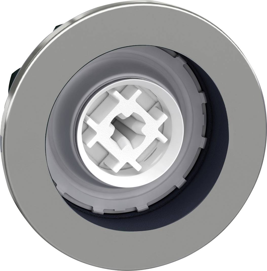 Okrogel kovinski del iz srebrne barve z belim, križnim vložkom v sredini, verjetno mehanski sestavni del.