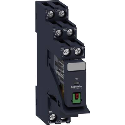 Releji Schneider Electric z oznakami za priključke (COM, NO, NC) in tuljavo (COIL), ki se uporabljajo v električnih vezjih.