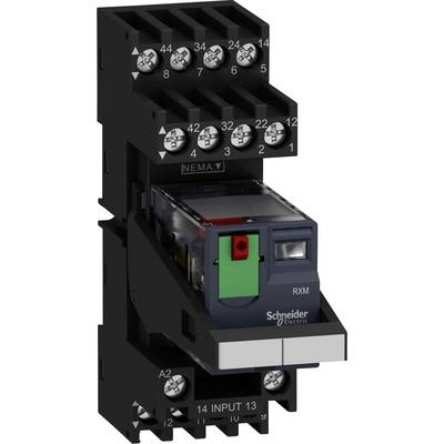 Relejev modul 'Schneider Electric', črne barve, z zeleno in rdečo oznako, primeren za električne krmilne sisteme.