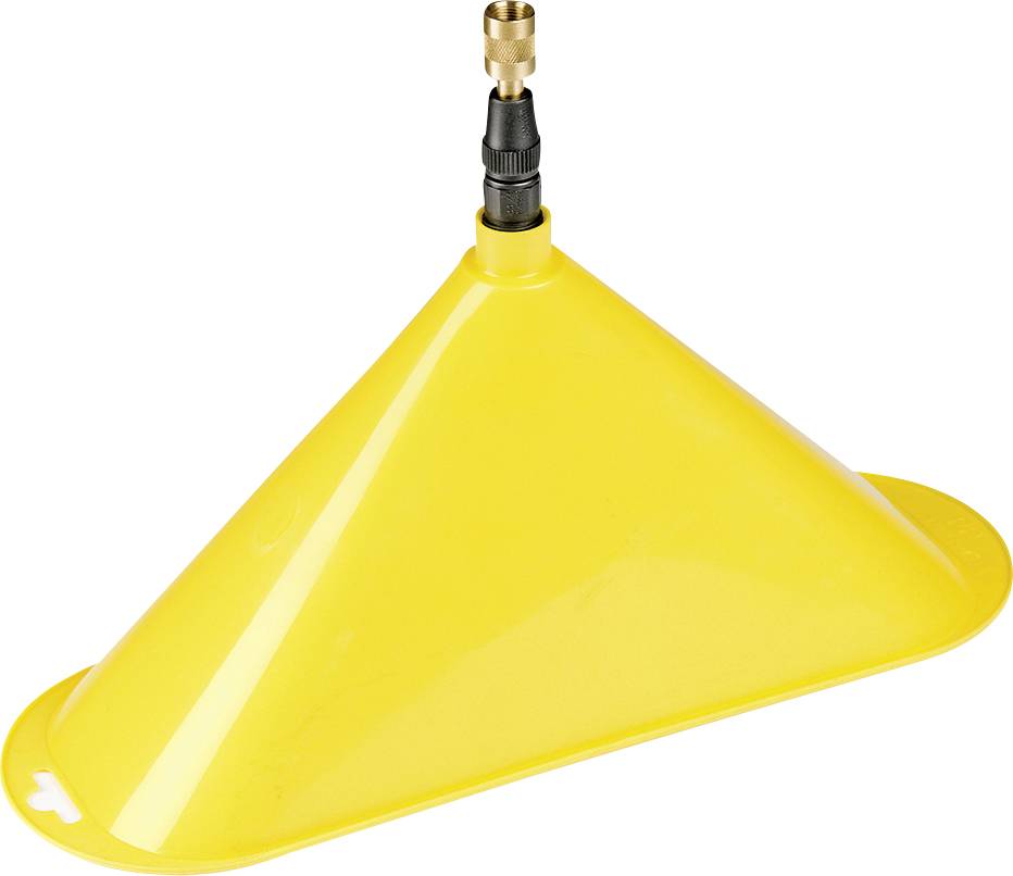 Velik rumen plastični lij z črnim in zlatim adapterjem na vrhu, verjetno namenjen varni vlivanje tekočin.