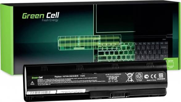 Prenosniški akumulator Green Cell pred kartonsko škatlo z grafiko odprtega prenosnika. Viden je napis 'Green Cell Fresh Energy'.