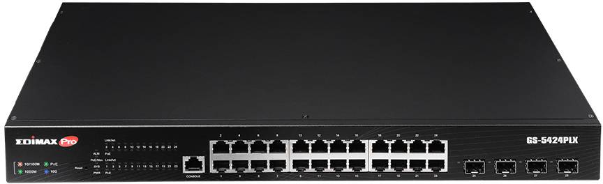 Omrežno stikalo s 24 ethernet priključki in 4 dodatnimi priključki za optične povezave na črni ohišju.