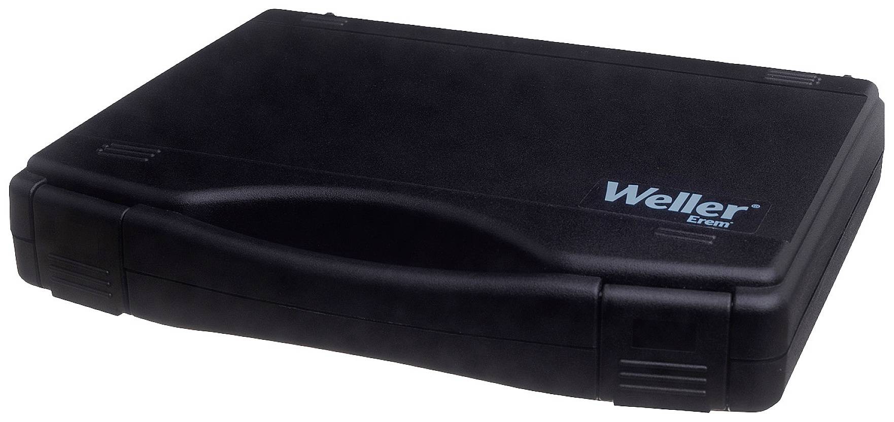 Črn Weller kovček za orodje, zaprt in z modrim logotipom 'Weller' na pokrovu.