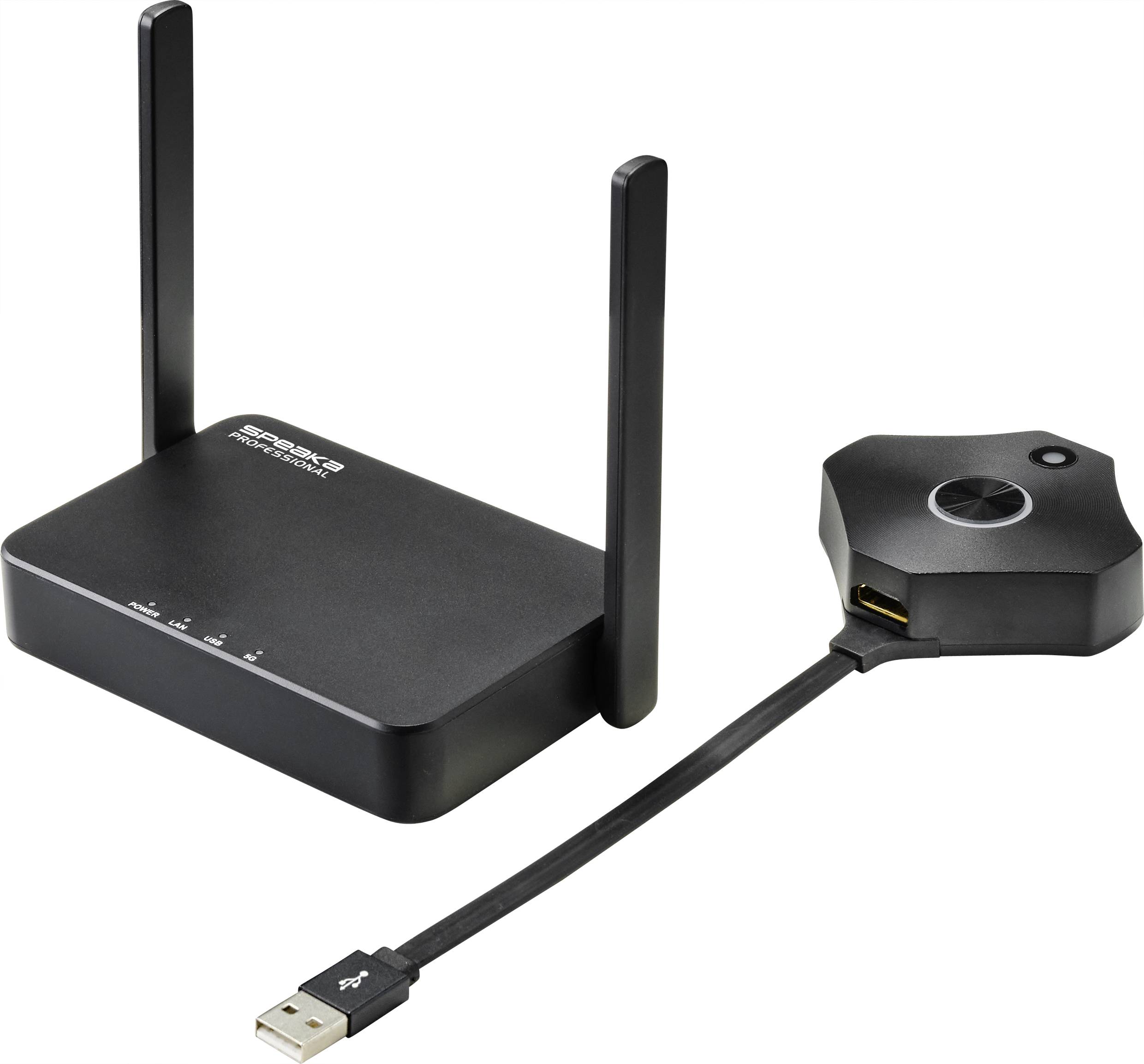 Črni brezžični predstavitveni sistem z USB priključkom, ki ga sestavljata glavna naprava z dvema antenama in povezan adapter.