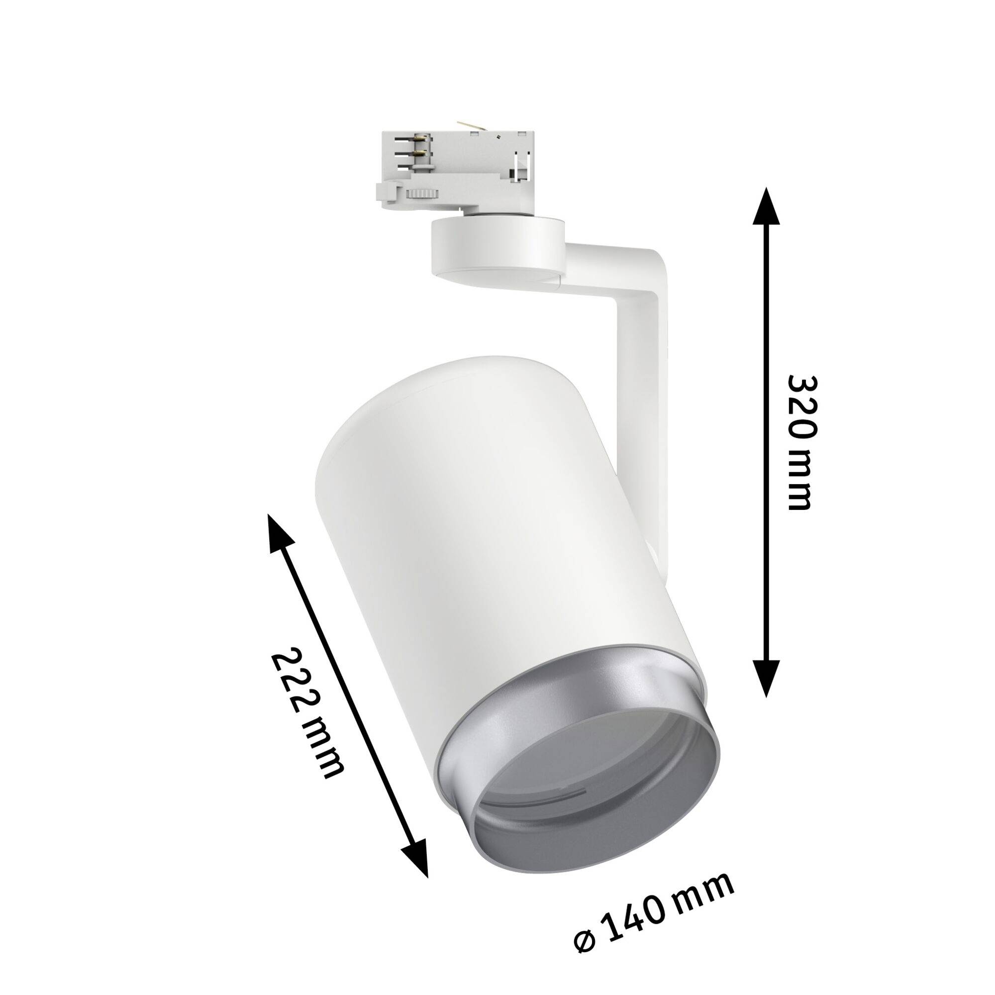 Bel LED reflektor. Mere: višina 320 mm, višina ohišja 222 mm, premer 140 mm. Smer vrtenja in priključki vidni.