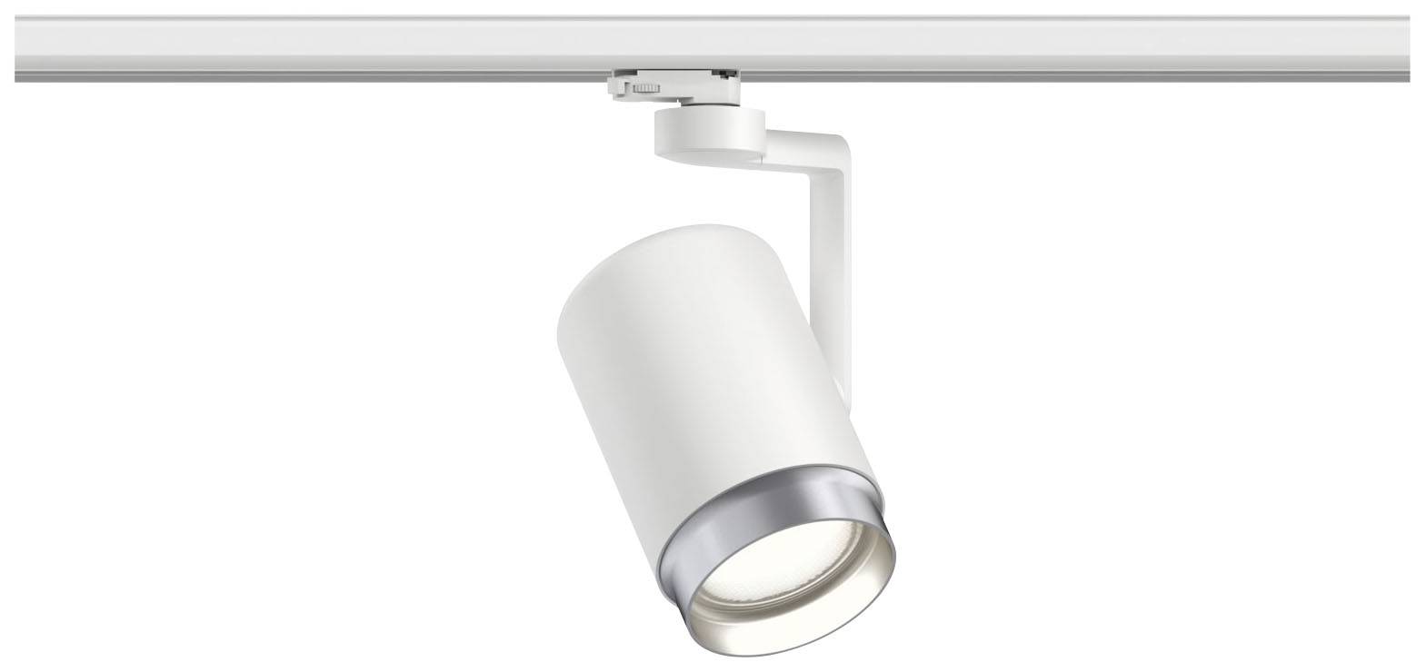 Bela industrijska svetilka visi na aluminijasti tirnici. Svetilka ima valjast lampni del z rotacijsko glavo.