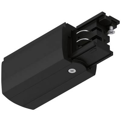 Črn električni povezovalni adapter s vijaki in dvema tračnicama, primeren za tirna svetlobna sistemska napeljavo.