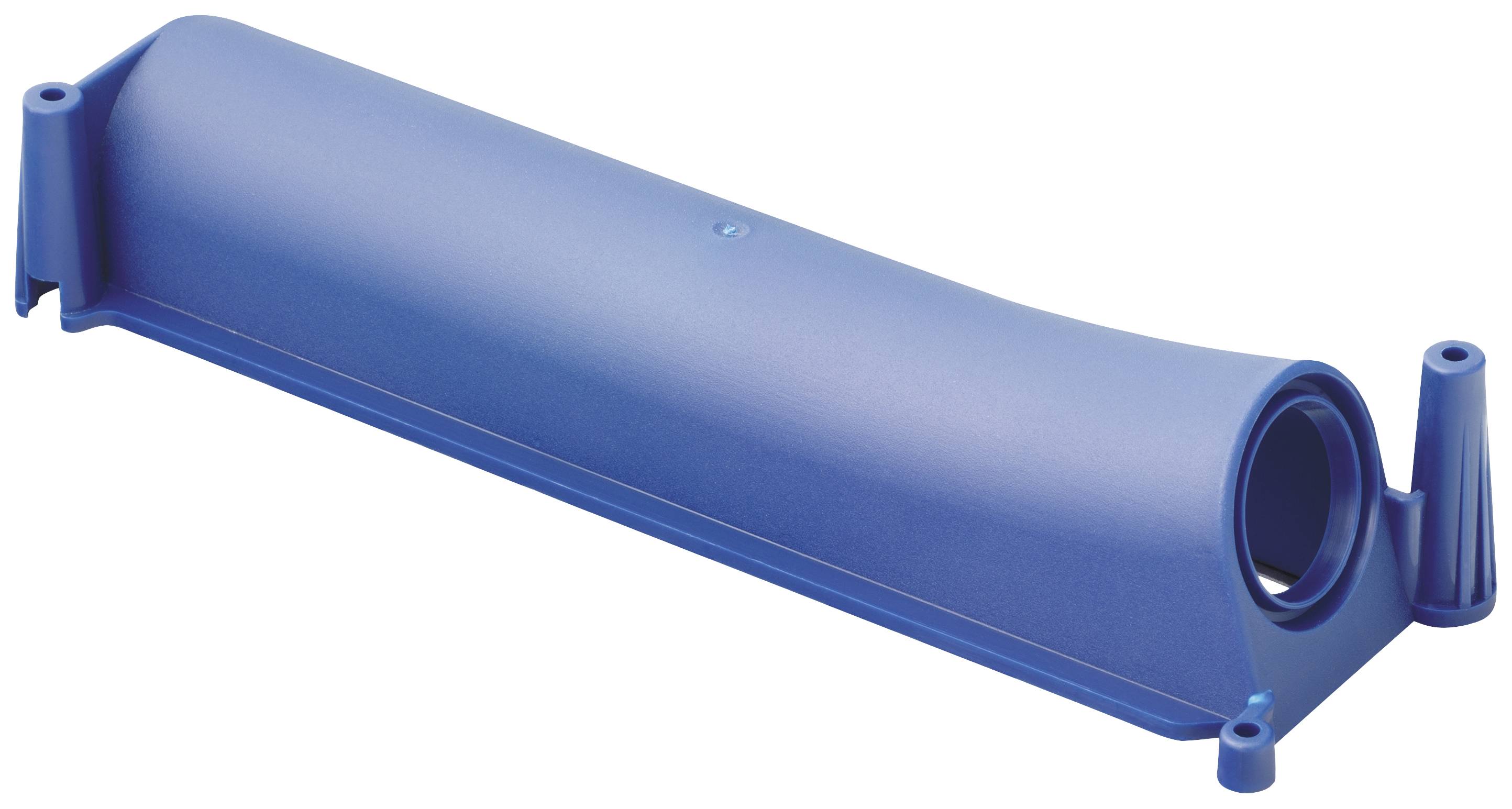 Modra plastična komponenta z valjasto odprtino, verjetno zaščitni element ali ohišje za tehnično napravo.
