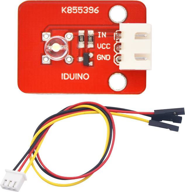 Elektronski modul 'K855396' s senzorjem in priključkom za kabel. Rdeča tiskana vezja. Kabel z rdečo, rumeno in črno žico za napajanje in prenos podatkov.