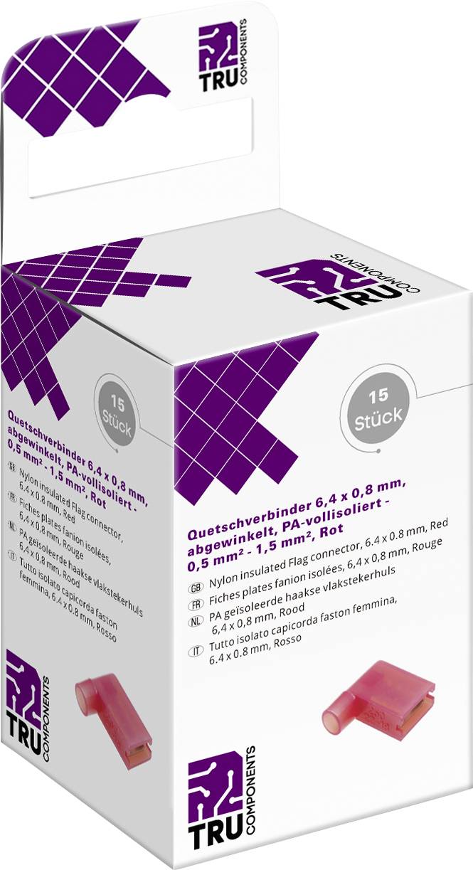 TRU COMPONENTS T2010C364 asortima crimp priključkov Širina jezička: 6.4 mm Debelina vtiča: 0.8 mm 90 ° polno izoliran rdeča 15 kos