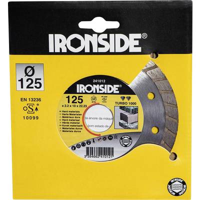 'IRONSIDE' rezalna plošča, premer 125 mm, za trde materiale. Rumena embalaža s tehničnimi specifikacijami in logotipi.