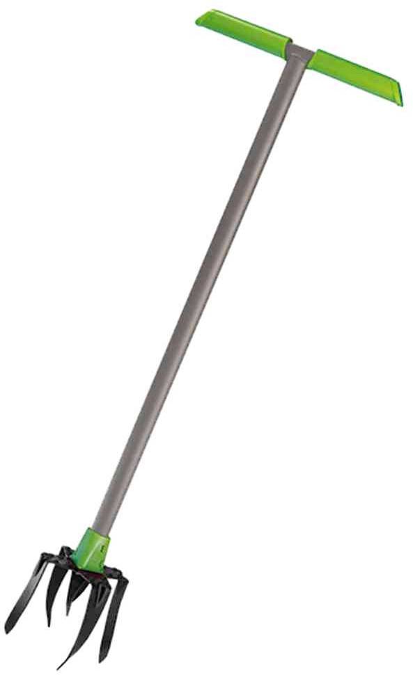 Vrtno orodje z dolgim ročajem in več ukrivljenimi kovinastimi zobmi na koncu, primerno za rahljanje tal.