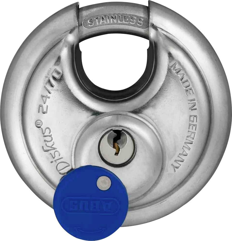 Okrogel, srebrn ključavničarski disk z modrim ključem. Na ključavnici piše 'Stainless' in 'Made in Germany'.