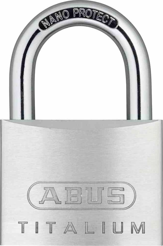 Srebrno viseče ključavnico znamke ABUS z napisom 'TITALIUM' in 'NANO PROTECT' na ročaju.