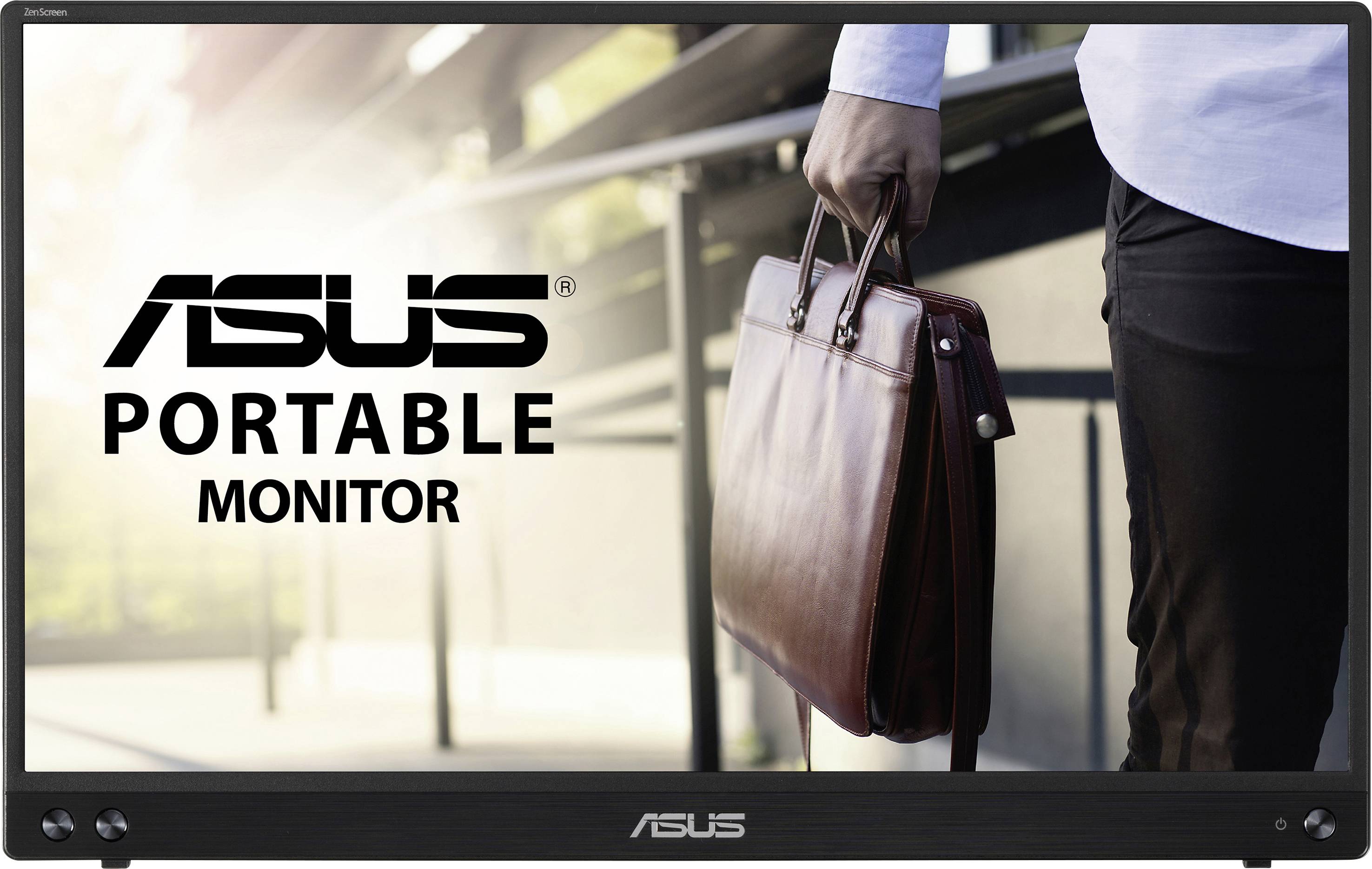 Moški nosi usnjen kovček, ob njem stoji 'ASUS prenosni monitor'.