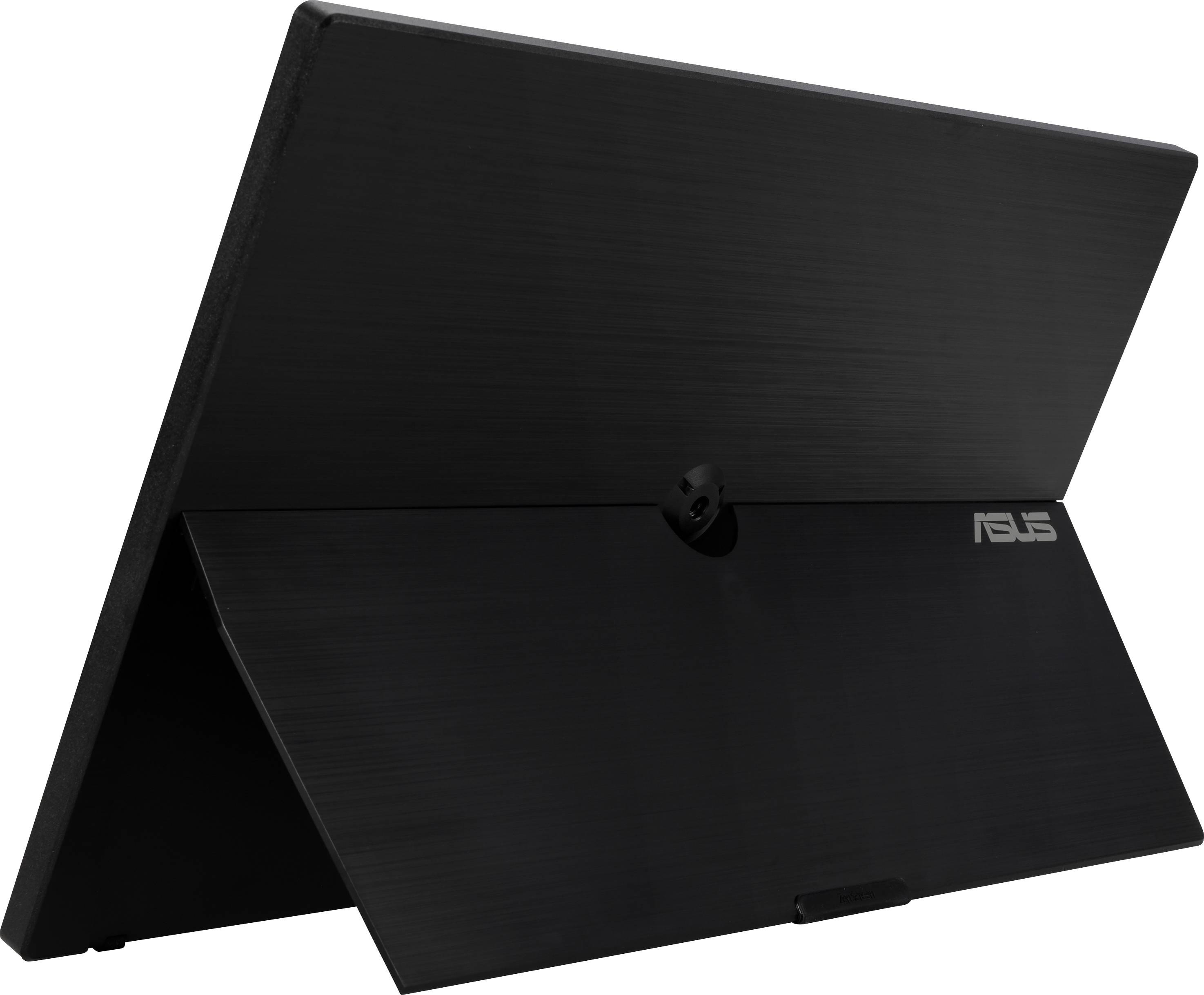 Črn bleščeč ASUS monitor prikazuje hrbtno stran z držalom. Idealen za uporabo kot prenosljiv sekundarni monitor.