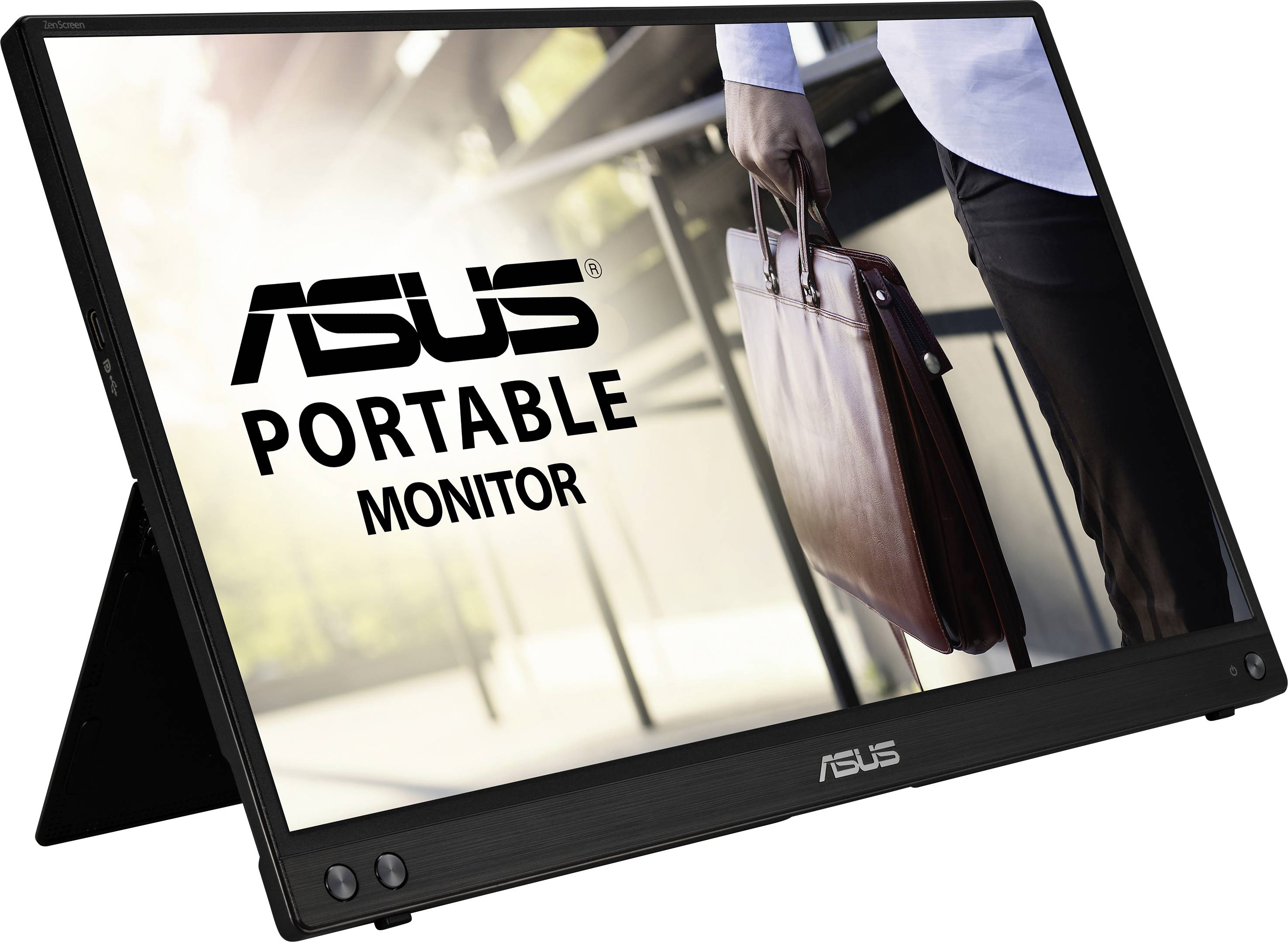 Prenosni ASUS-monitor prikazuje osebo v poslovni obleki z aktovko na desni strani. Ozadje je zamegljeno.