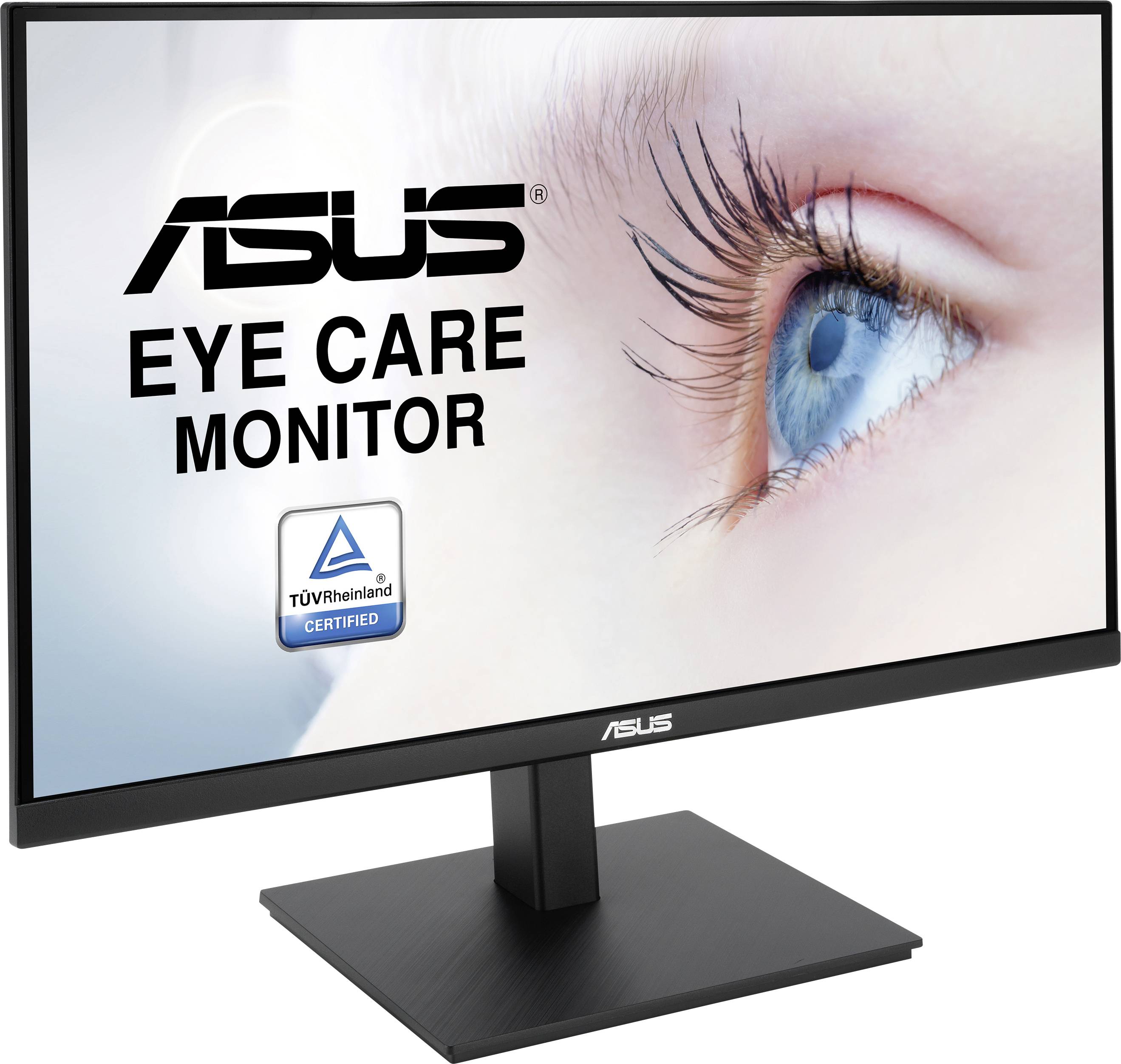 Asus-monitor s certifikatom TÜV Rheinland, oglašuje tehnologijo 'Eye Care'. Veliko oko v ospredju poudarja zaščito oči.