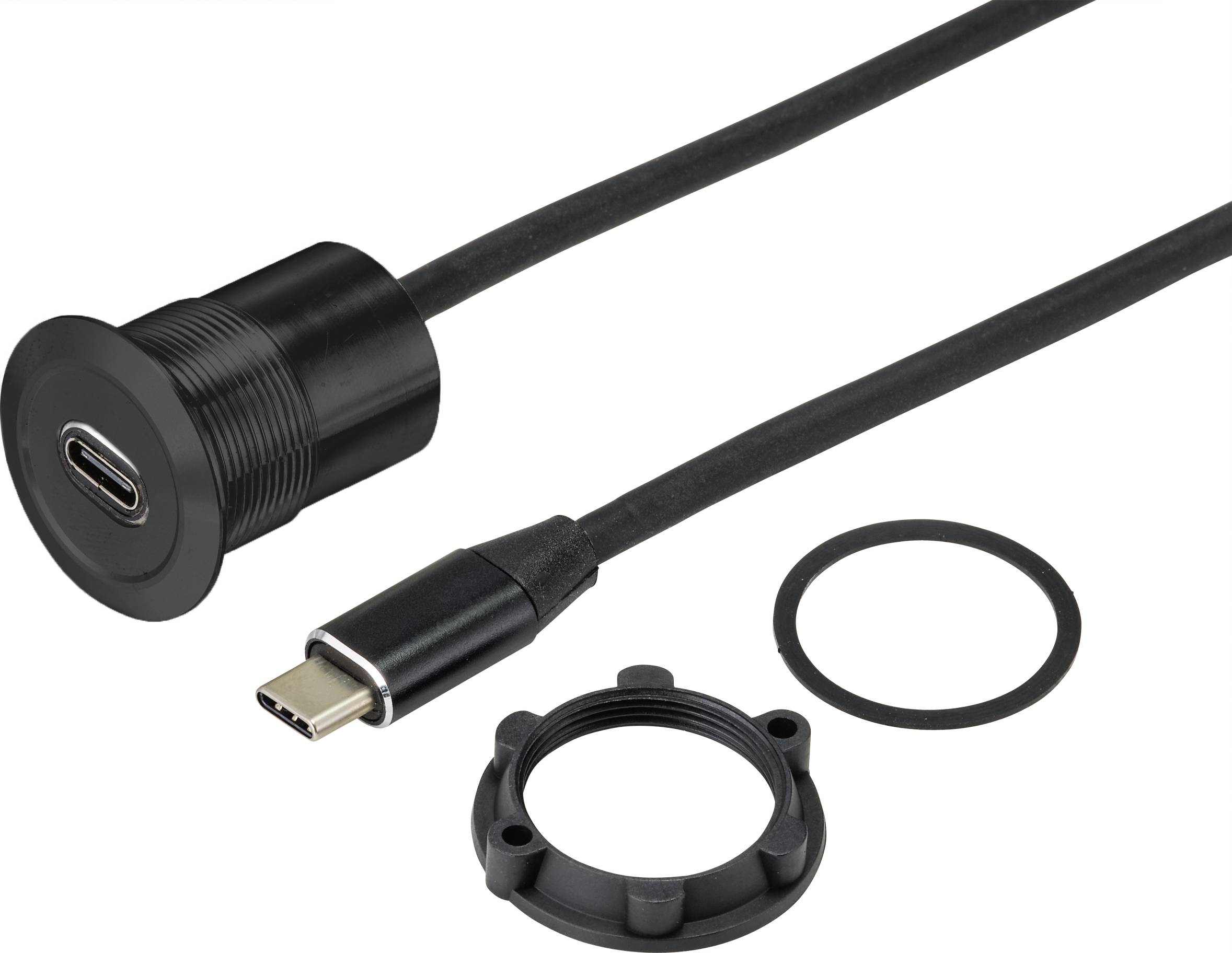 Črn vgradni USB-C kabel s priključkom; vsebuje kabel, priključek in tesnilo za montažo na ploščo.