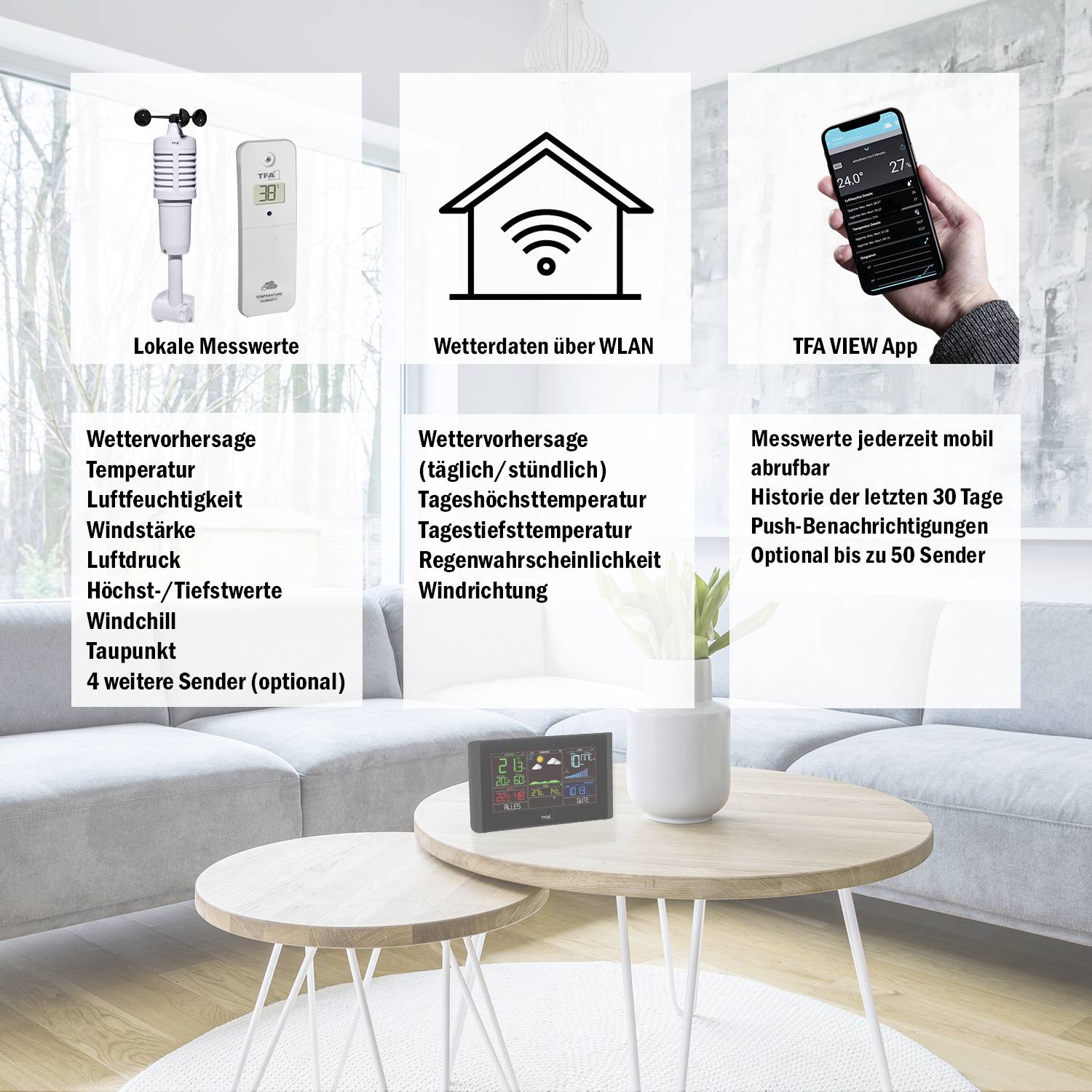 TFA Dostmann VIEW BREEZE 35.8001.01 WLAN-vremenska postaja Napoved za z WiFi 7 dni Maks. število senzorjev 50-2