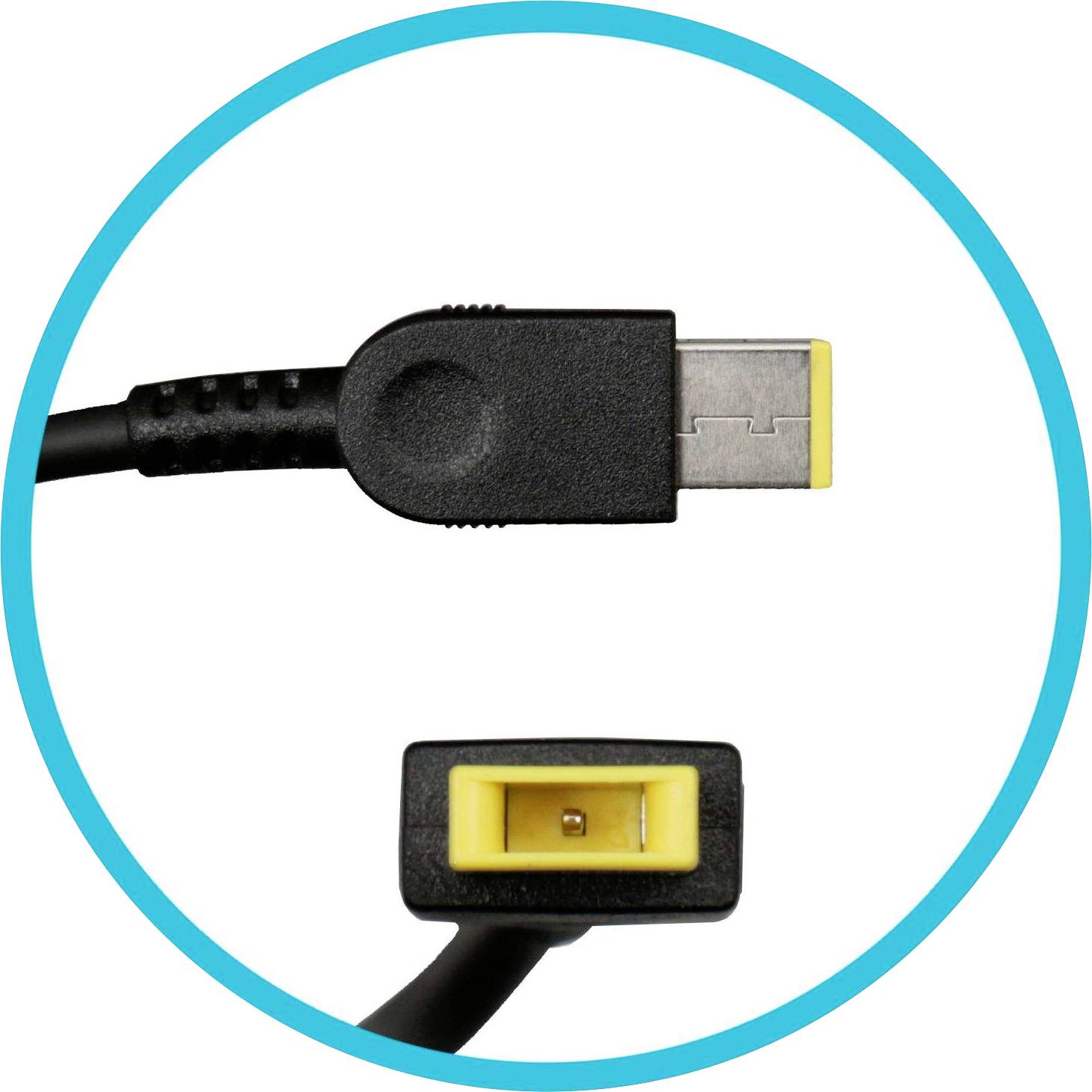 Črn polnilni kabel z rumenim pravokotnim priključkom in USB vtičem, postavljen na beli podlagi.