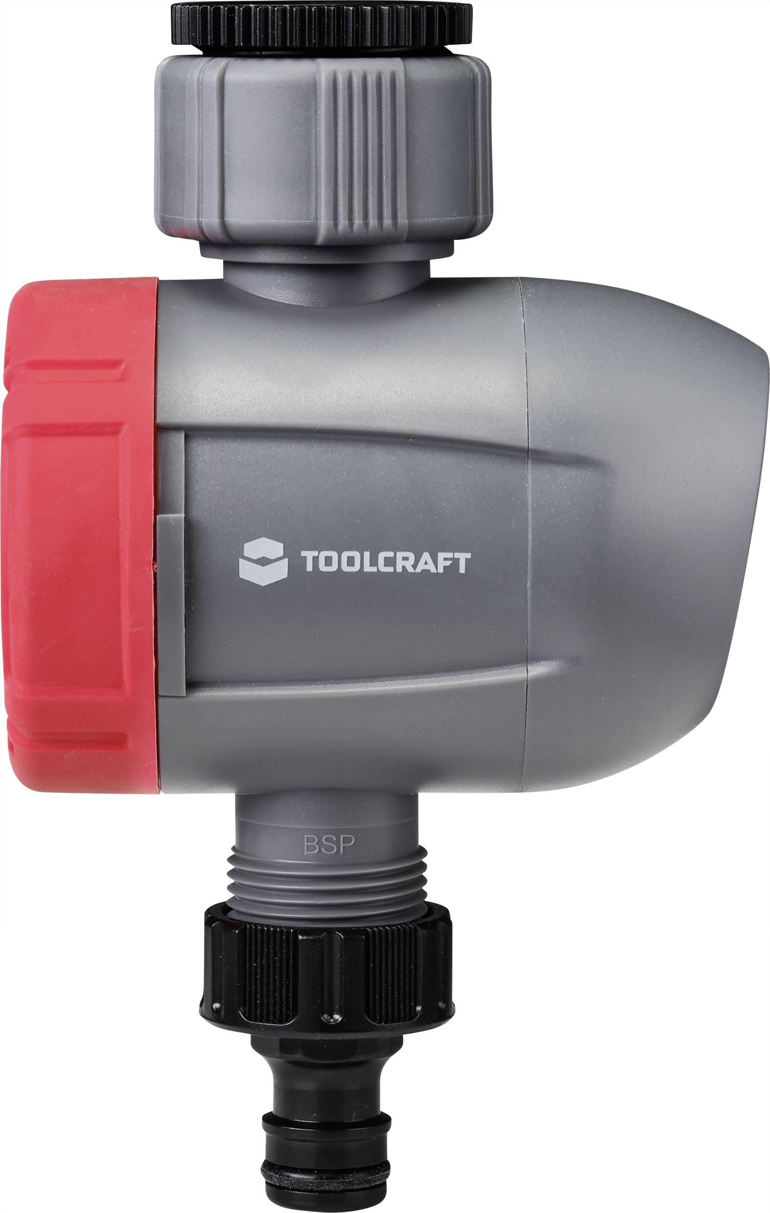 Siv elektronski vodni časovni stikalni element s rdečim vrtljivim gumbom in črnim priključkom z logotipom 'Toolcraft'.