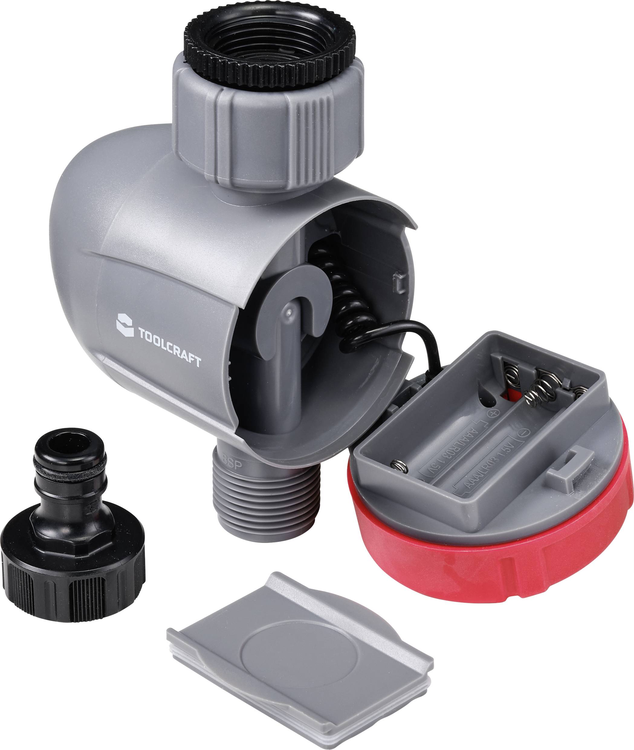 'Elektronska naprava za namakanje' prikazuje odprt ohišje z battery predalom, priključki za vodo in nastavitvami za namakanje.