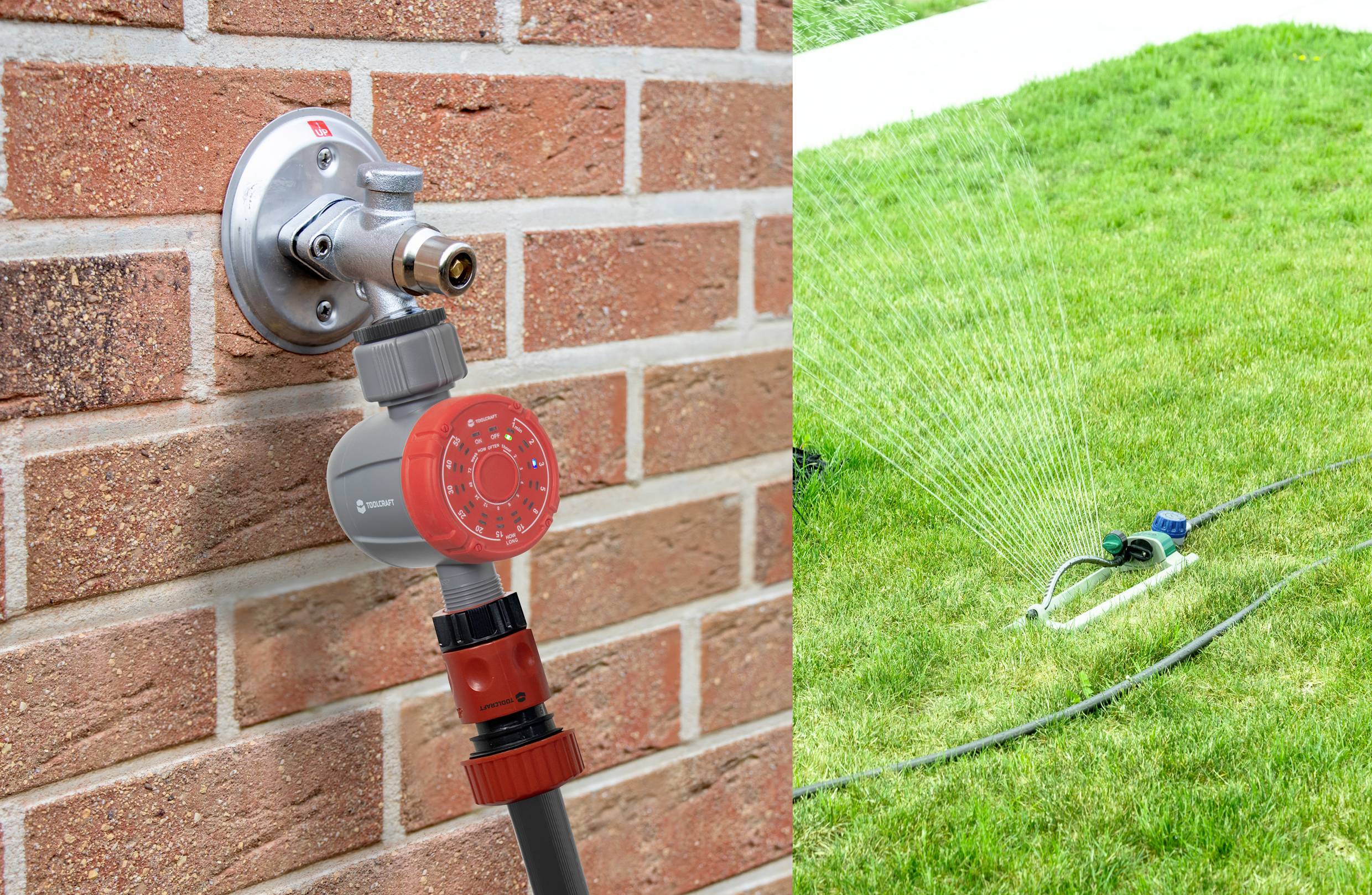 'Namakalni timer je nameščen na zunanji vodni prikljček, povezan s cevjo do škropilnika, ki zalivá travo.'