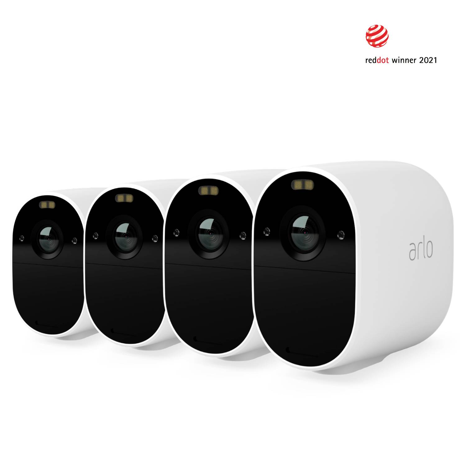 Štiri bele varnostne kamere postavljene druga ob drugi, z oznako nagrade Red Dot Design Award 2021.