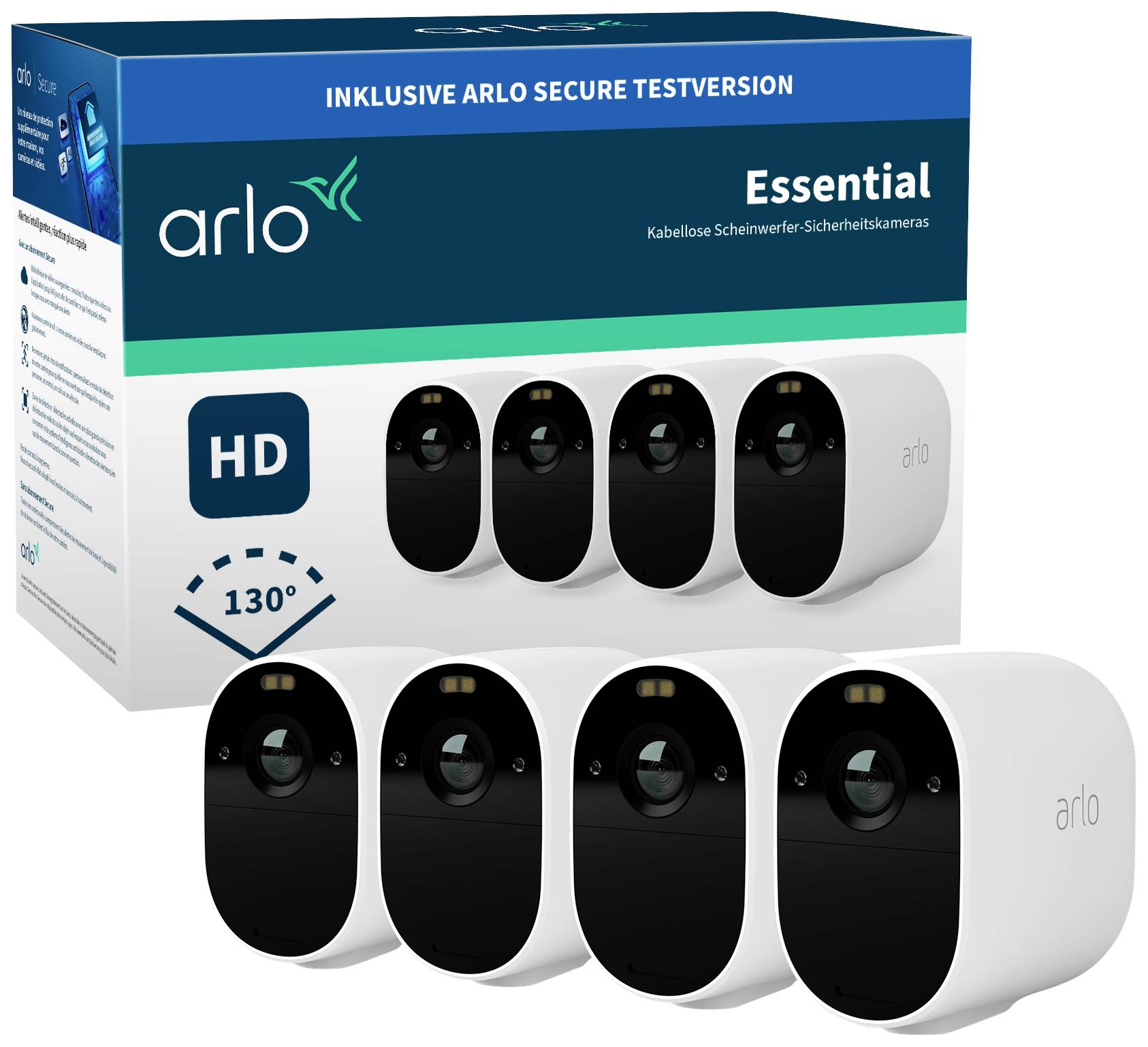 Embalaža in štiri brezžične varnostne kamere Arlo Essential s širokokotnim objektivom in ločljivostjo HD.