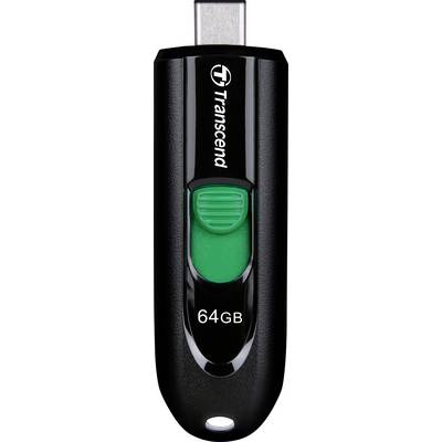USB ključek s 64 GB pomnilniške kapacitete in črnim ohišjem. Vidno je ime blagovne znamke in zeleni drsni gumb.