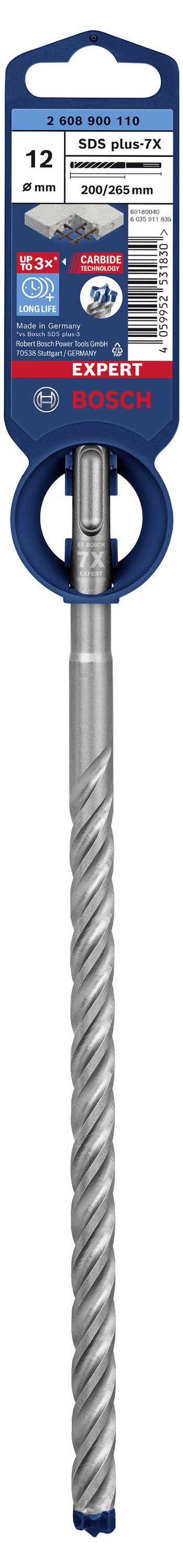 Svedri z vzdolžnimi utori za odstranjevanje prahu, primerni za beton. Embalaža prikazuje blagovno znamko Bosch, premer 12 mm, dolžina 200 mm.
