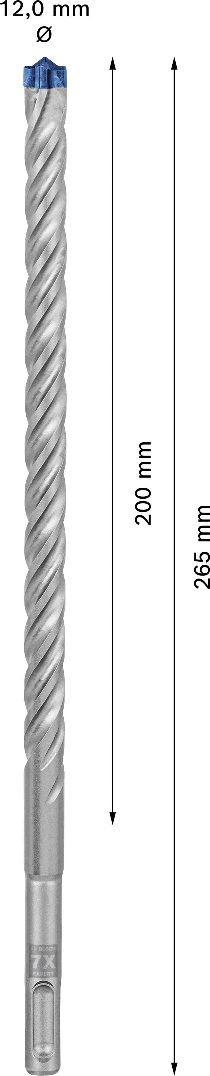 Na sliki je prikazan sveder s celotno dolžino 265 mm in premerom 12,0 mm. Njegova uporabna dolžina znaša 200 mm.