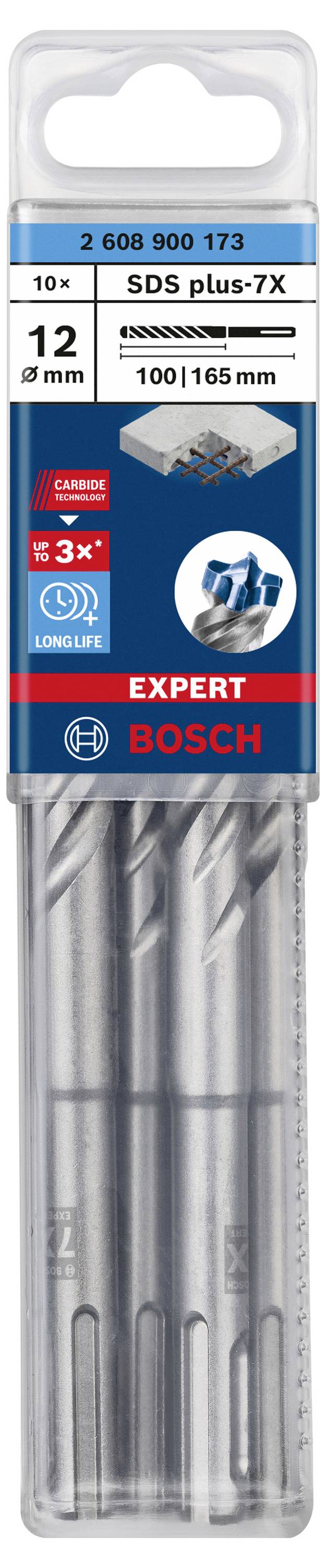 Komplet svedrov Bosch, model SDS plus-7X, premer 12 mm, dolžina 165 mm, 10 kosov v paketu, primeren za beton.