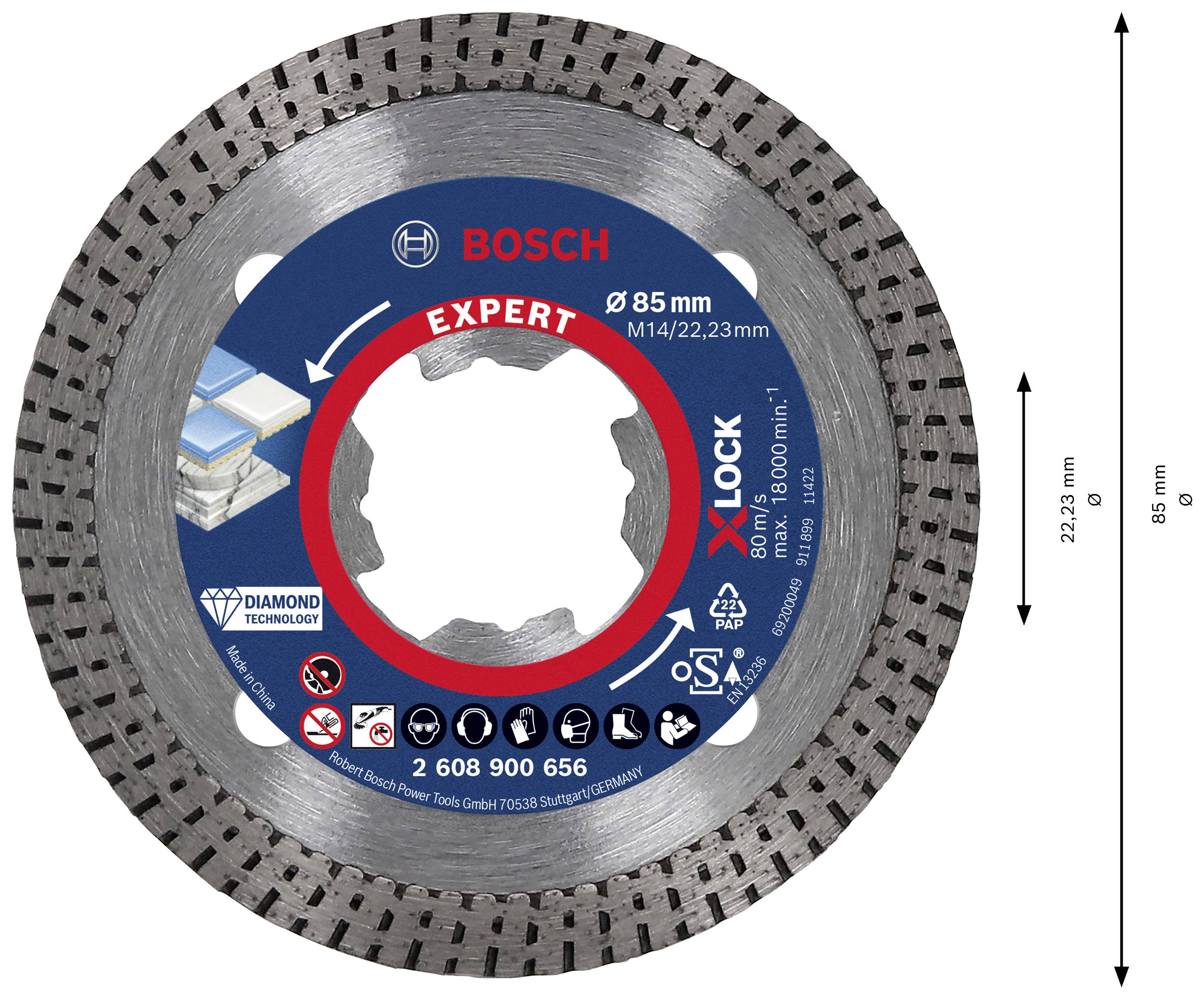Diamantna plošča Bosch 'Expert' za rezanje materialov, premer 85 mm, z nastavkom M14/22,23 mm.