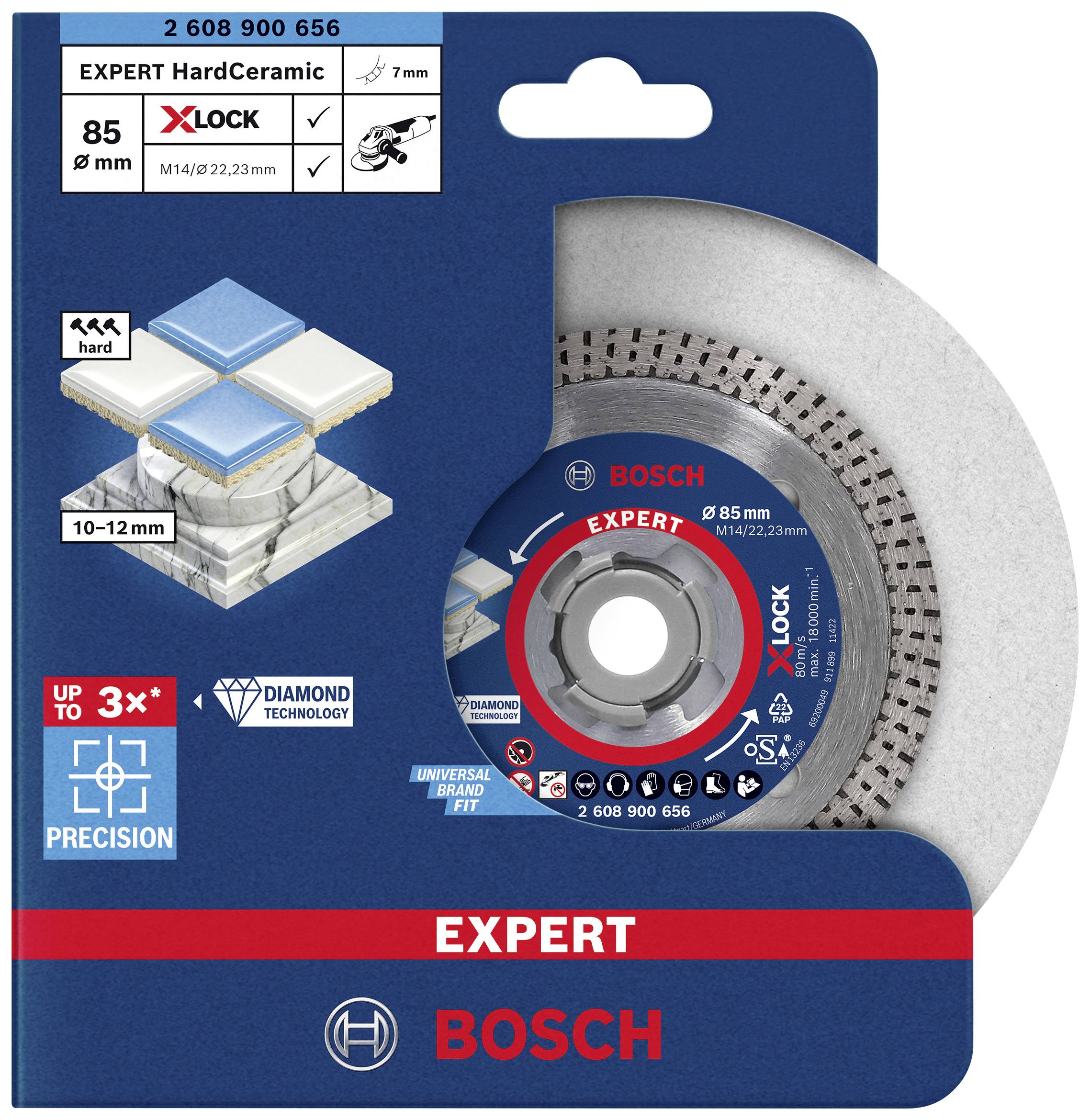Bošev 'Ekspertni HardCeramic diamantni disk', primeren za trdo keramiko; premer 85 mm, M14/22,23 mm, z X-LOCK sistemom.