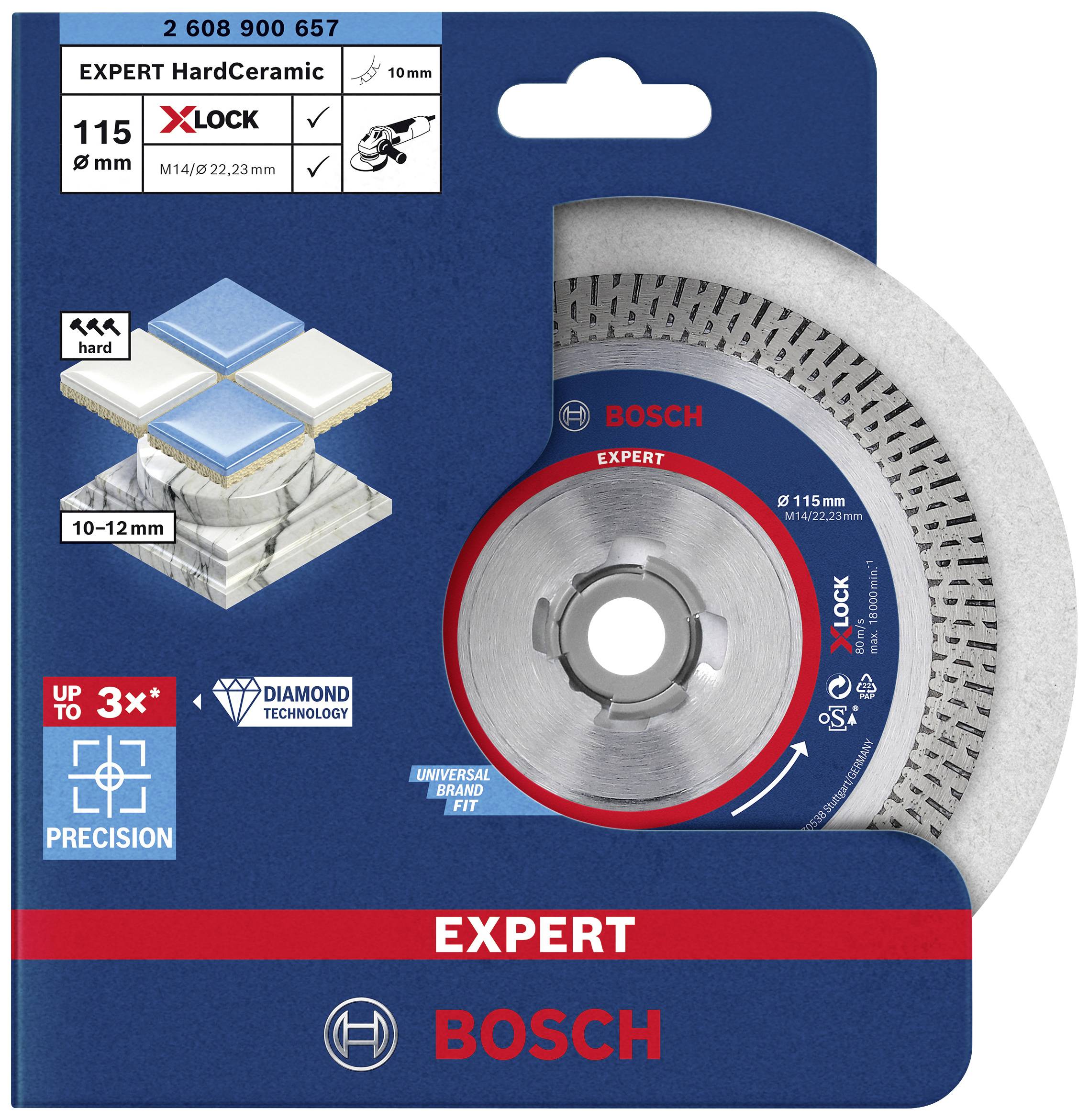 Embalaža Bosch diamantne rezalne plošče 'EXPERT HardCeramic' s sistemom X-LOCK, primerna za ploščice, premer 115 mm.