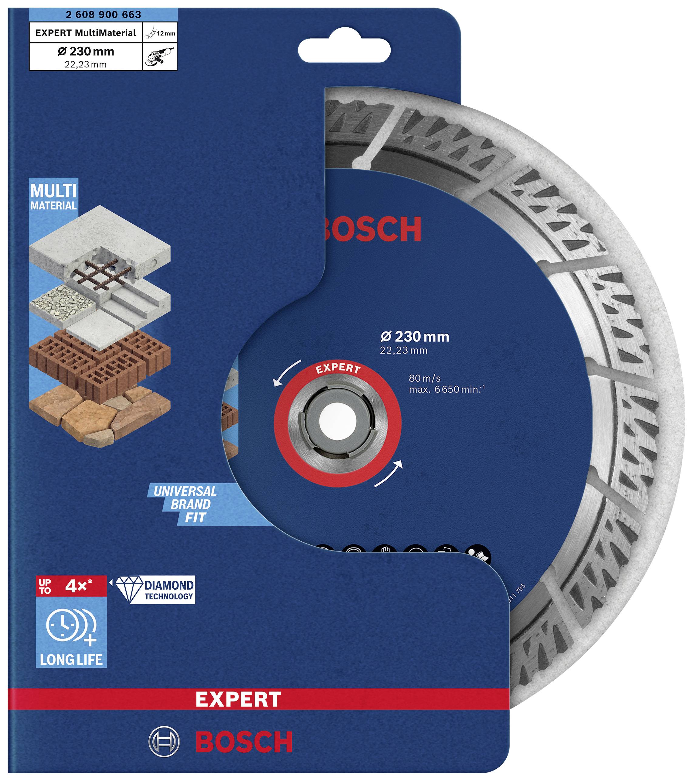 Diamantna plošča BOSCH za kotni brusilnik, primerna za različne materiale kot sta kamen in beton, premer 230 mm.