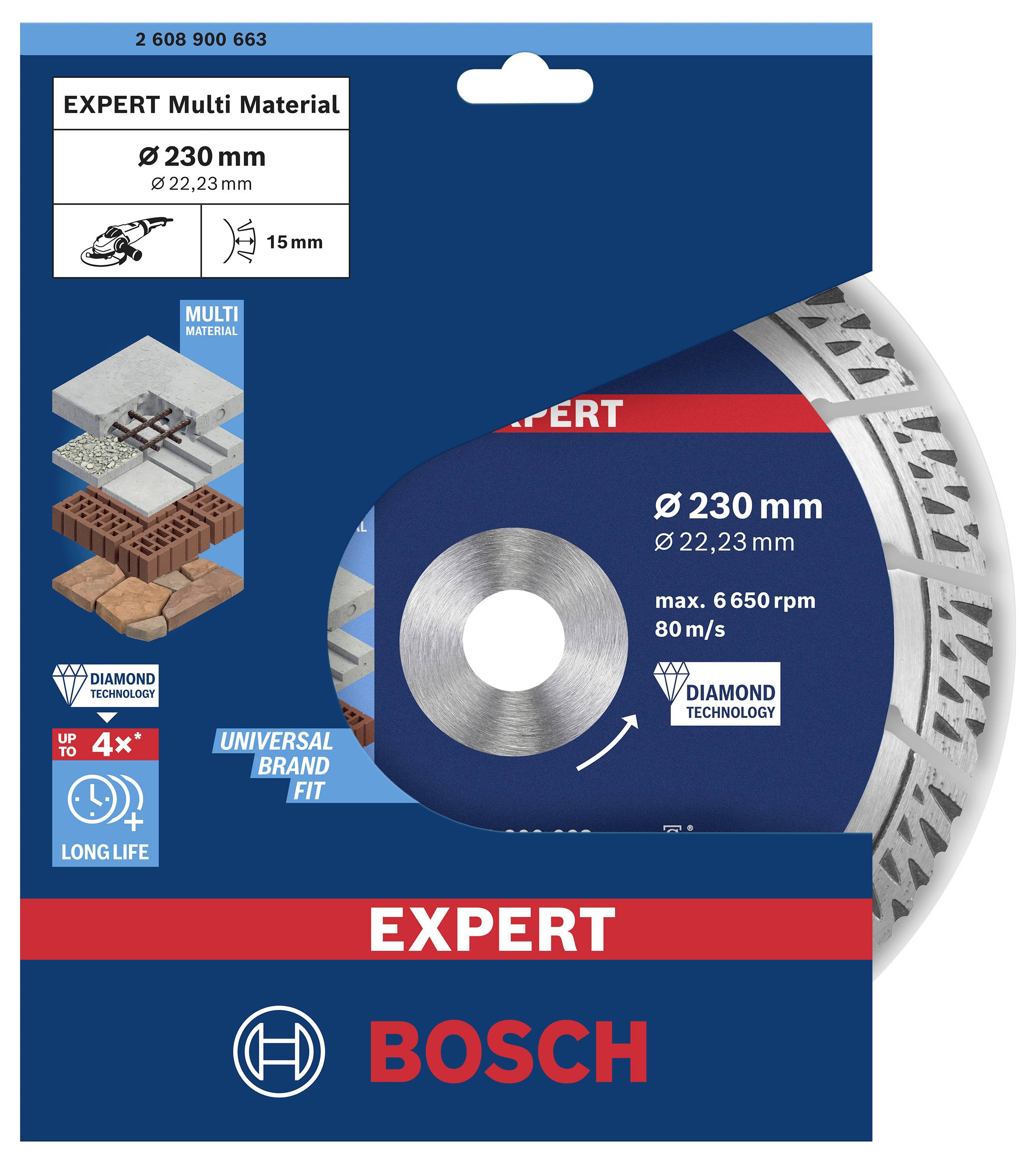 Žaginost list za več materialov znamke Bosch, premer 230 mm, luknja 22,23 mm, maks. 6.650 obratov/min, primeren za kamen, opeko in kovino.