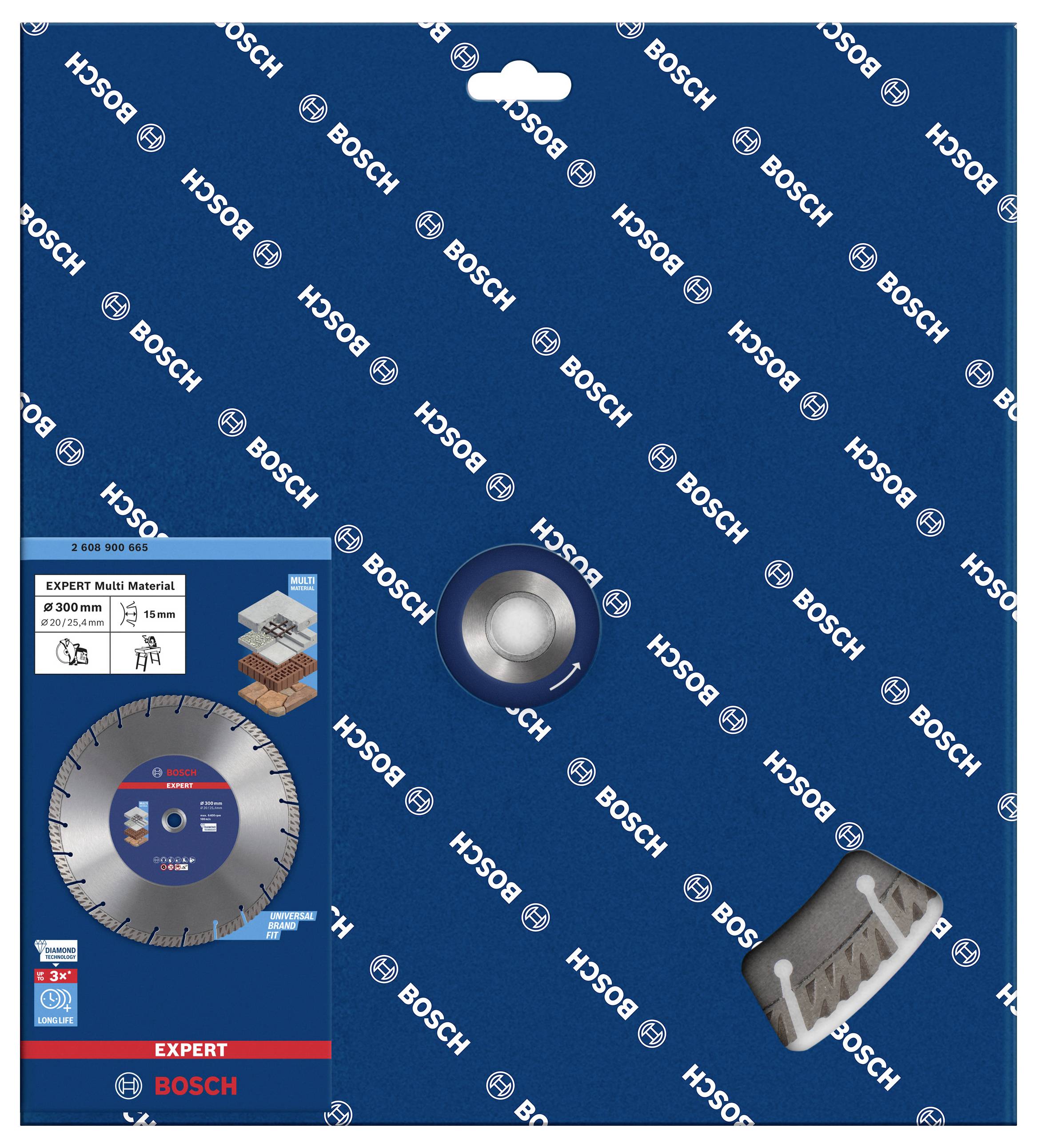 Embalaža Bosch 'Expert Multi Material' krožne žage: 305 mm premer, 25,4 mm luknja. Primerna za različne materiale.