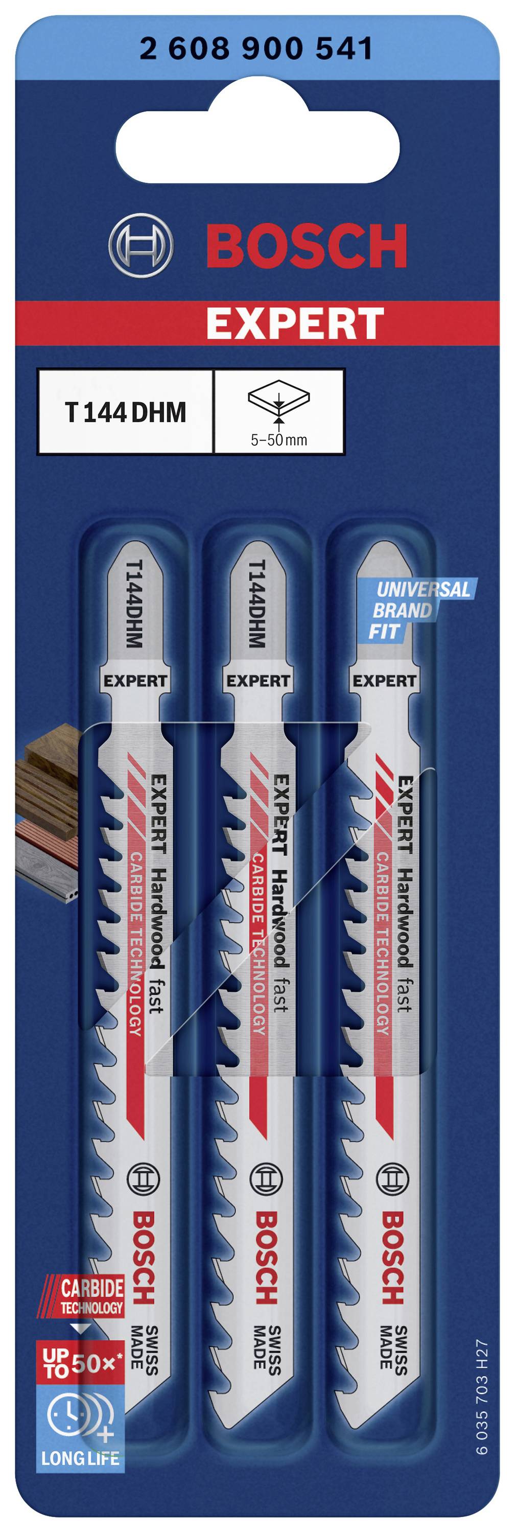 Tri Bosch 'EXPERT' žagini listi v blister embalaži; primerni za trdo les z značilnostmi 'Long Life' in 'Universal Fit'.